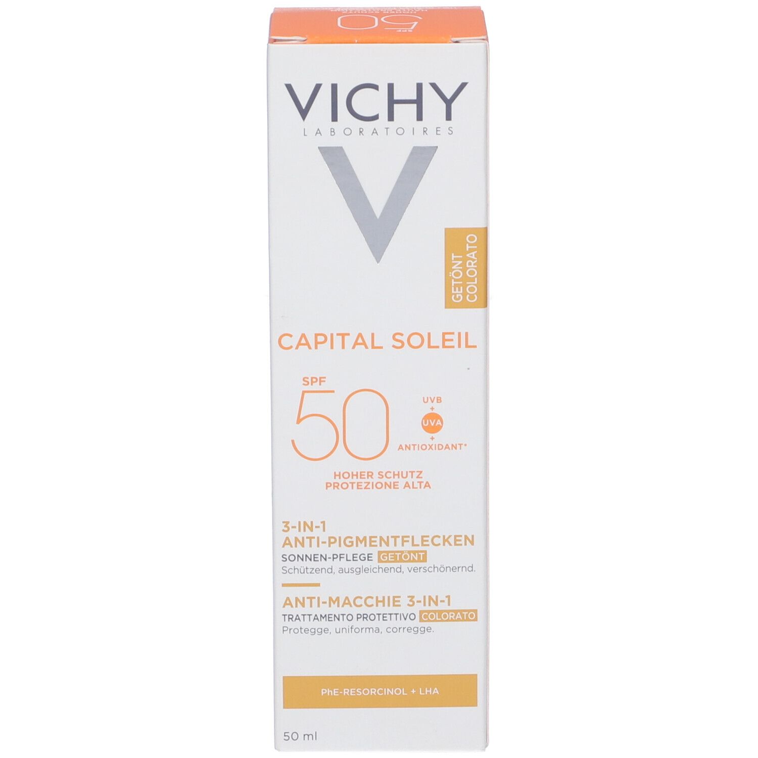Produktverpackung. Aufschrift: VICHY, CAPITAL SOLEIL SPF 50. Text: 3-in-1 Anti-Pigmentflecken. Getönt.