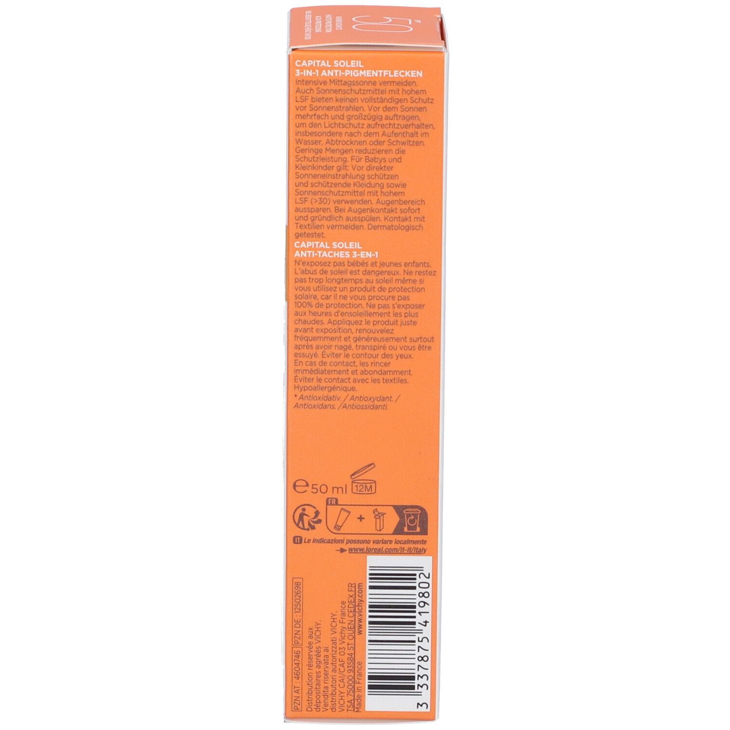 Schmale Produktverpackung. Text auf orangefarbenem Hintergrund. Aufschrift: VICHY, CAPITAL SOLEIL SPF 50.