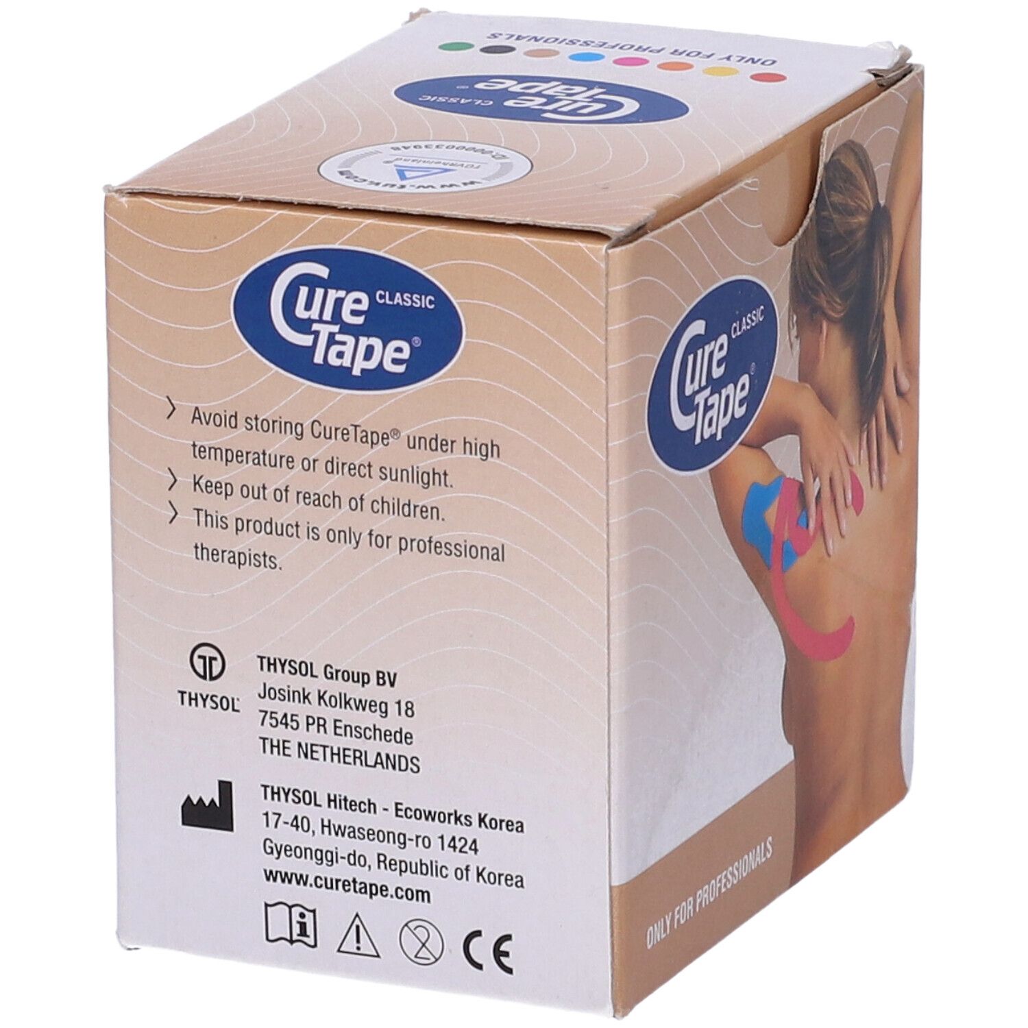 Confezione Cure Tape Classic. Scritta: Solo per professionisti. Testo e loghi. Retro con avvertenze e informazioni produttore.