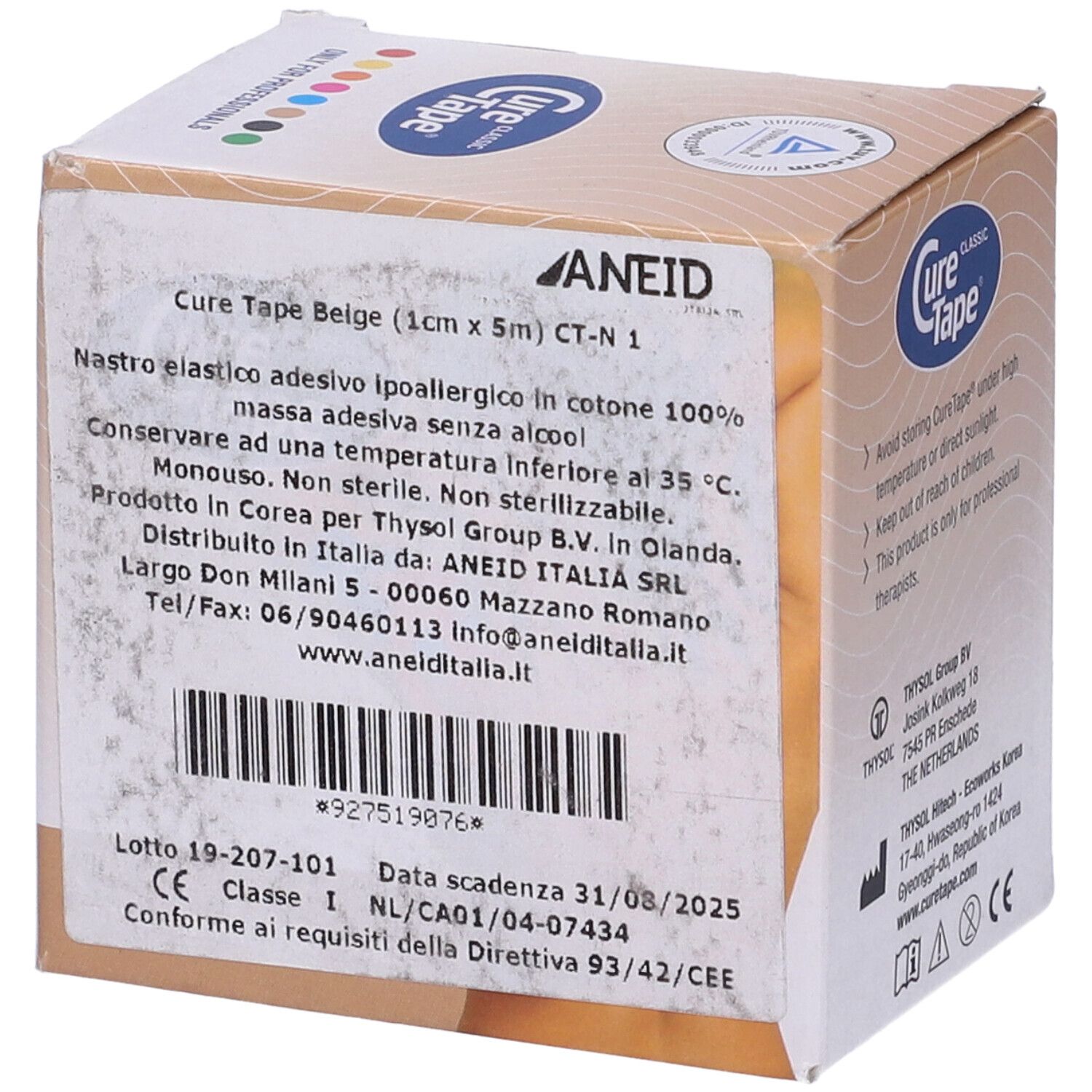 Confezione Cure Tape Beige (1cm x 5m). Testo: Nastro elastico adesivo ipoallergenico. Scadenza 31/08/2025. Marchio CE.