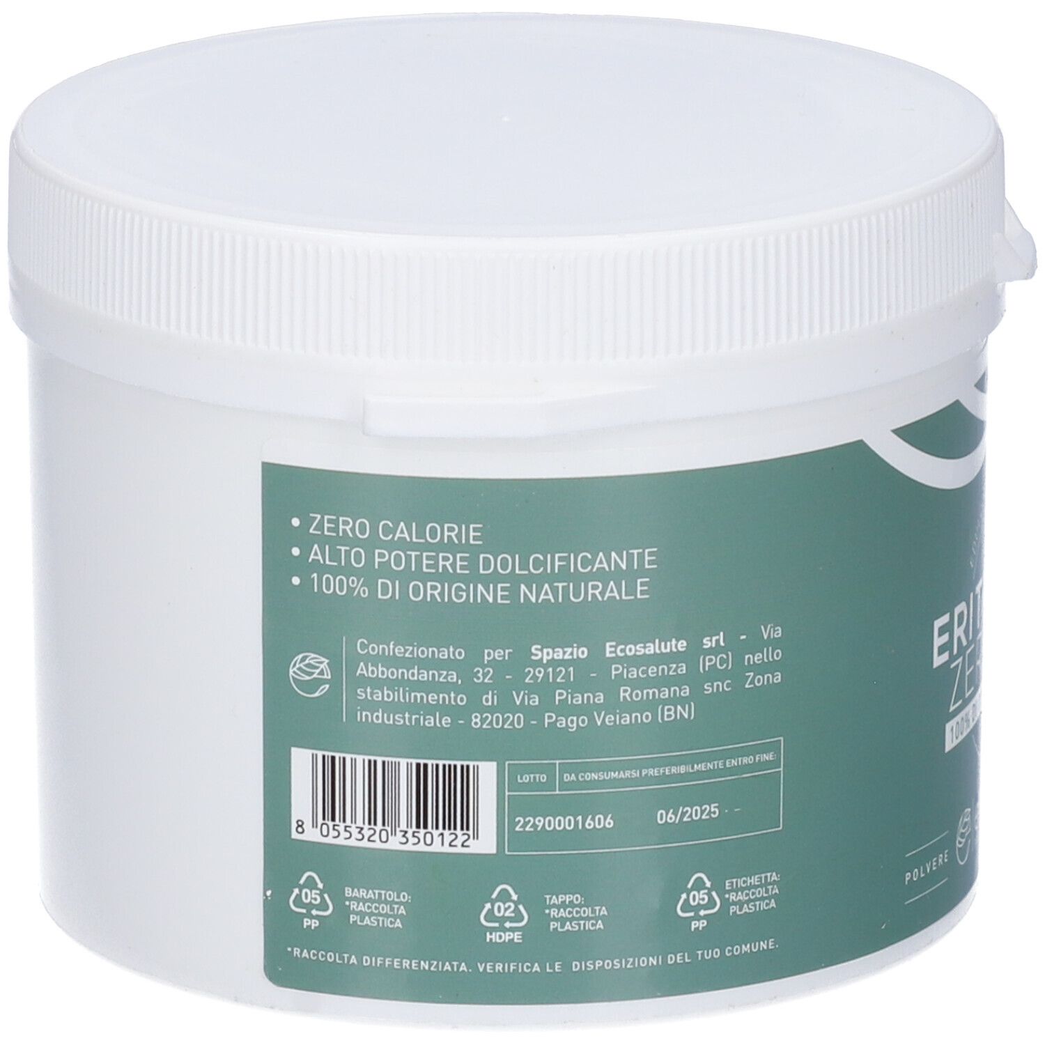 Retro del contenitore bianco con etichetta verde. Testo: Zero Calorie, Alto potere dolcificante, 100% di origine naturale. Informazioni e simboli di riciclaggio.