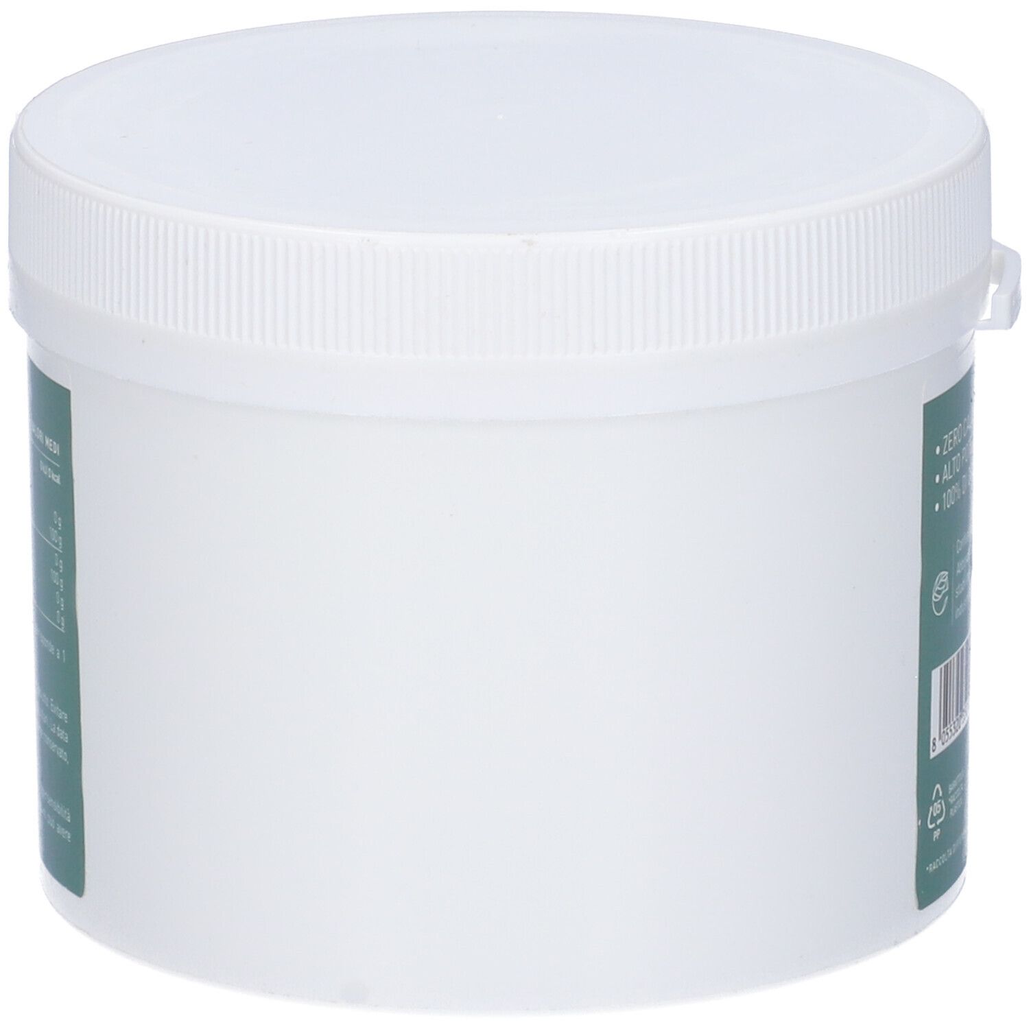 Contenitore cilindrico bianco con coperchio. Il coperchio ha una superficie scanalata. Un'etichetta verde è visibile sul lato.