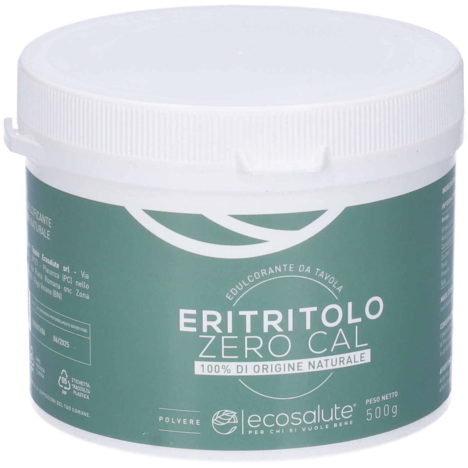 Contenitore bianco con etichetta verde. Scritta: Eritritolo Zero Cal, 100% di origine naturale. Marchio: Ecosalute. Contenuto: 500g. Vista dall'alto.
