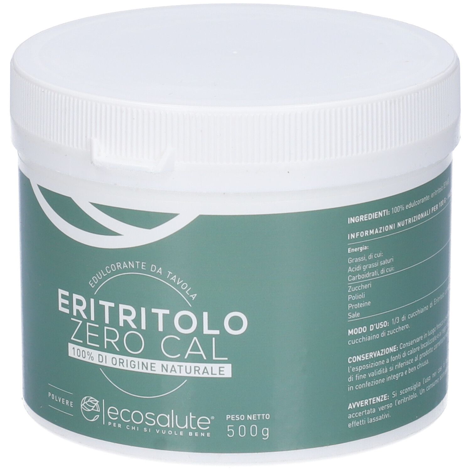 Contenitore bianco con etichetta verde. Scritta: Eritritolo Zero Cal, 100% di origine naturale. Marchio: Ecosalute. Contenuto: 500g. Informazioni nutrizionali.