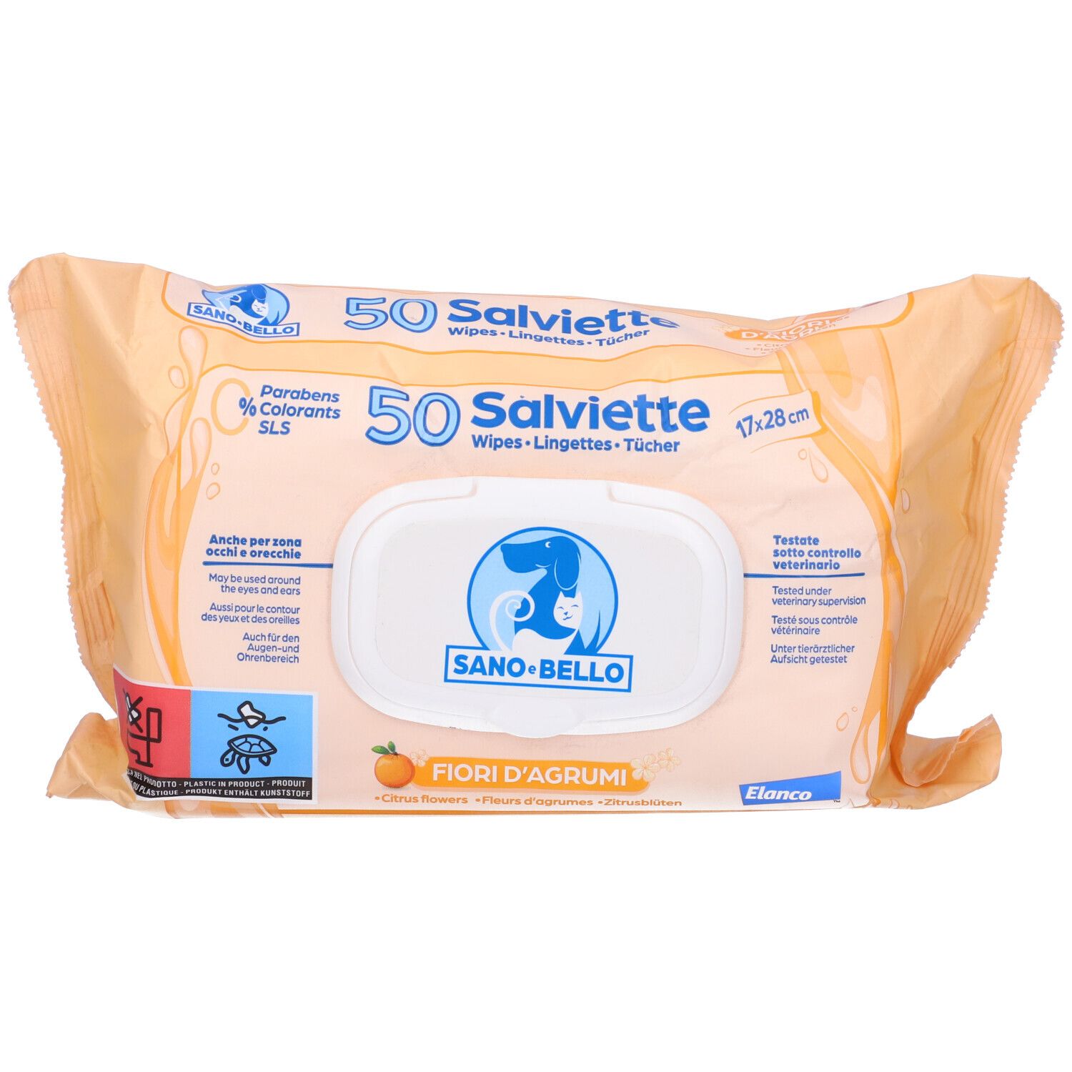 Confezione da 50 salviette. Scritta 'Sano-Bello' e 'Fiori d'Agrumi'.