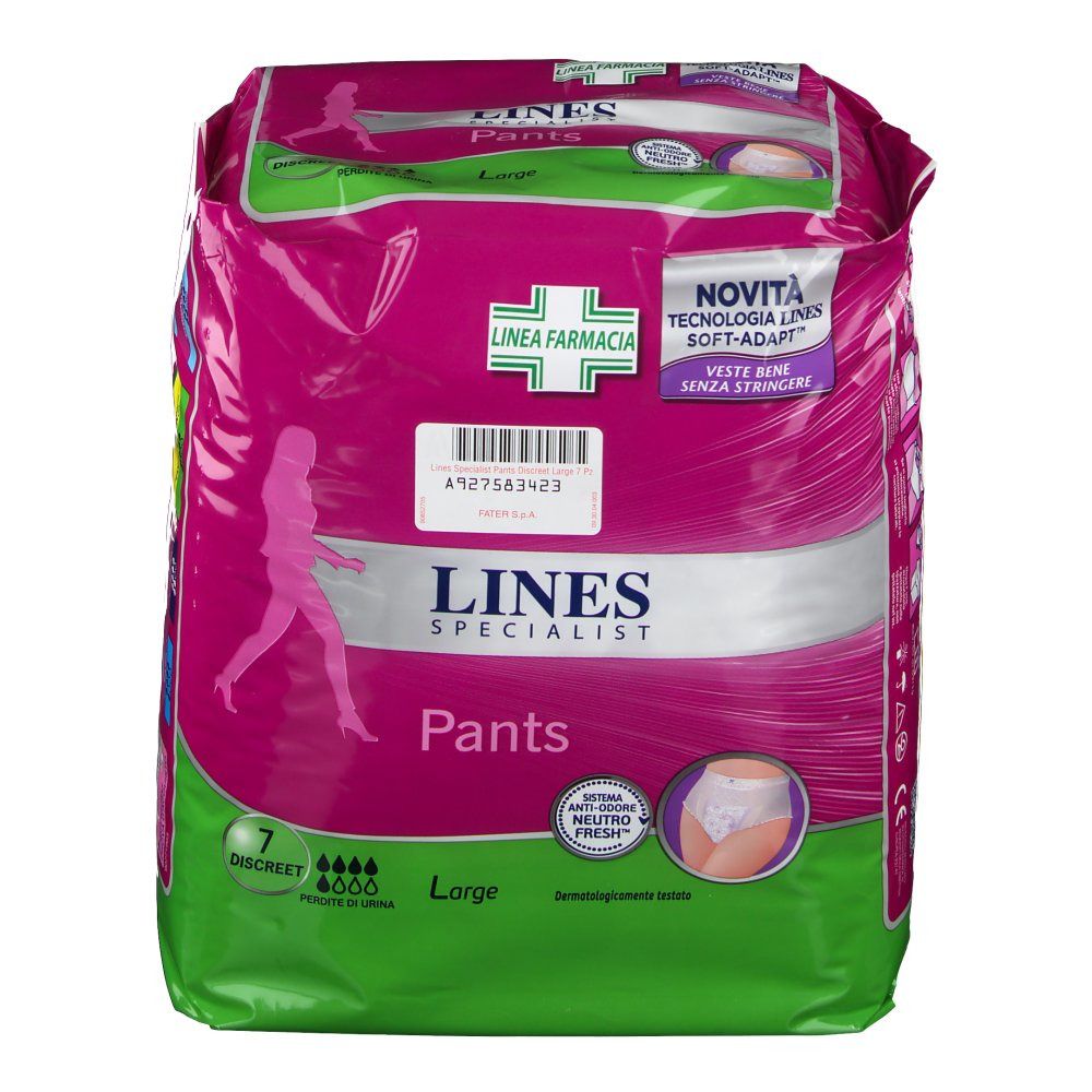 Confezione di Pants. Rosa con nome e loghi del prodotto. Illustrazione del prodotto e indicazione della taglia 'Large'.