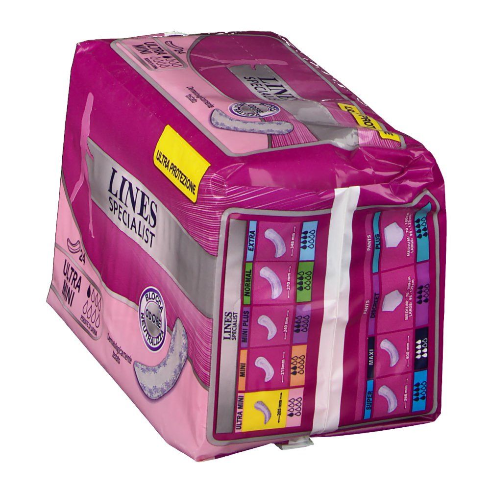 Confezione di LINES Specialist Ultra Mini. Rosa e bianca, con immagine del prodotto e tabella taglie. 24 pezzi.