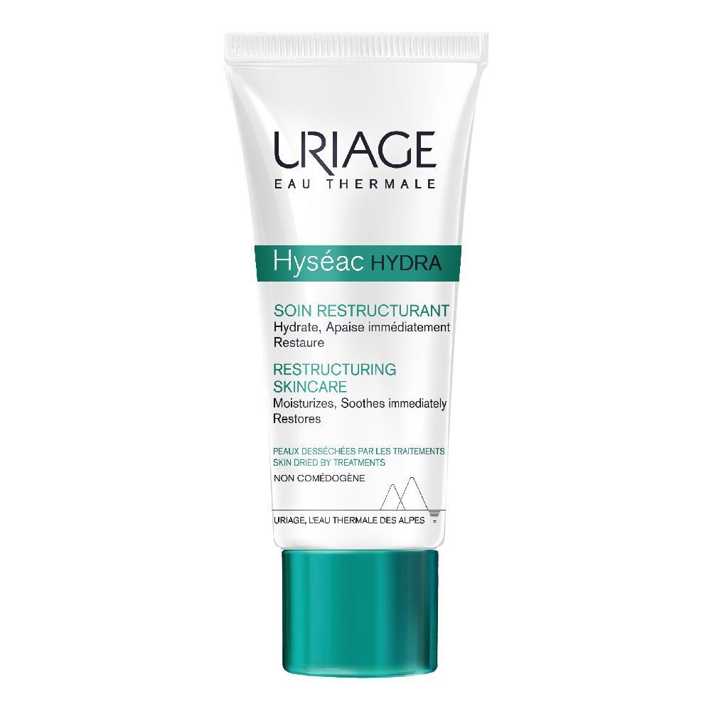 Tubo bianco con tappo verde. Scritta: URIAGE, Hyséac HYDRA, Restructuring Skincare. Testo in francese.