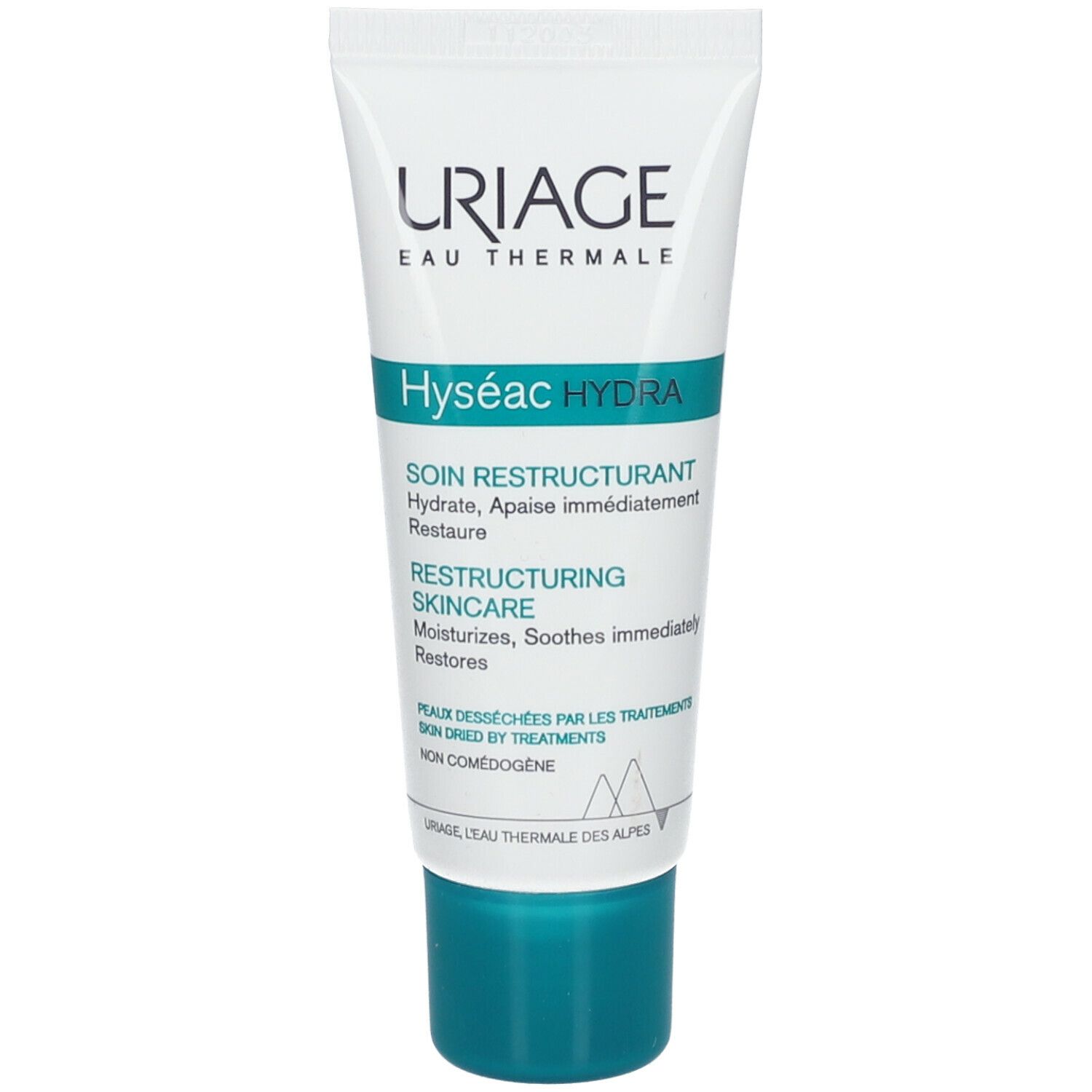 Tubo bianco con tappo verde. Scritta: URIAGE, Hyséac HYDRA, Restructuring Skincare. Testo in francese.