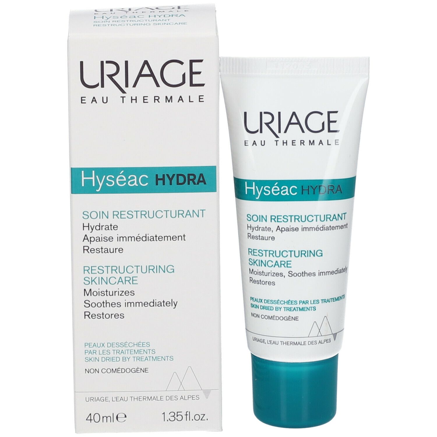 Confezione del prodotto: tubo e scatola. Scritta: URIAGE, Hyséac HYDRA, Restructuring Skincare. 40ml.