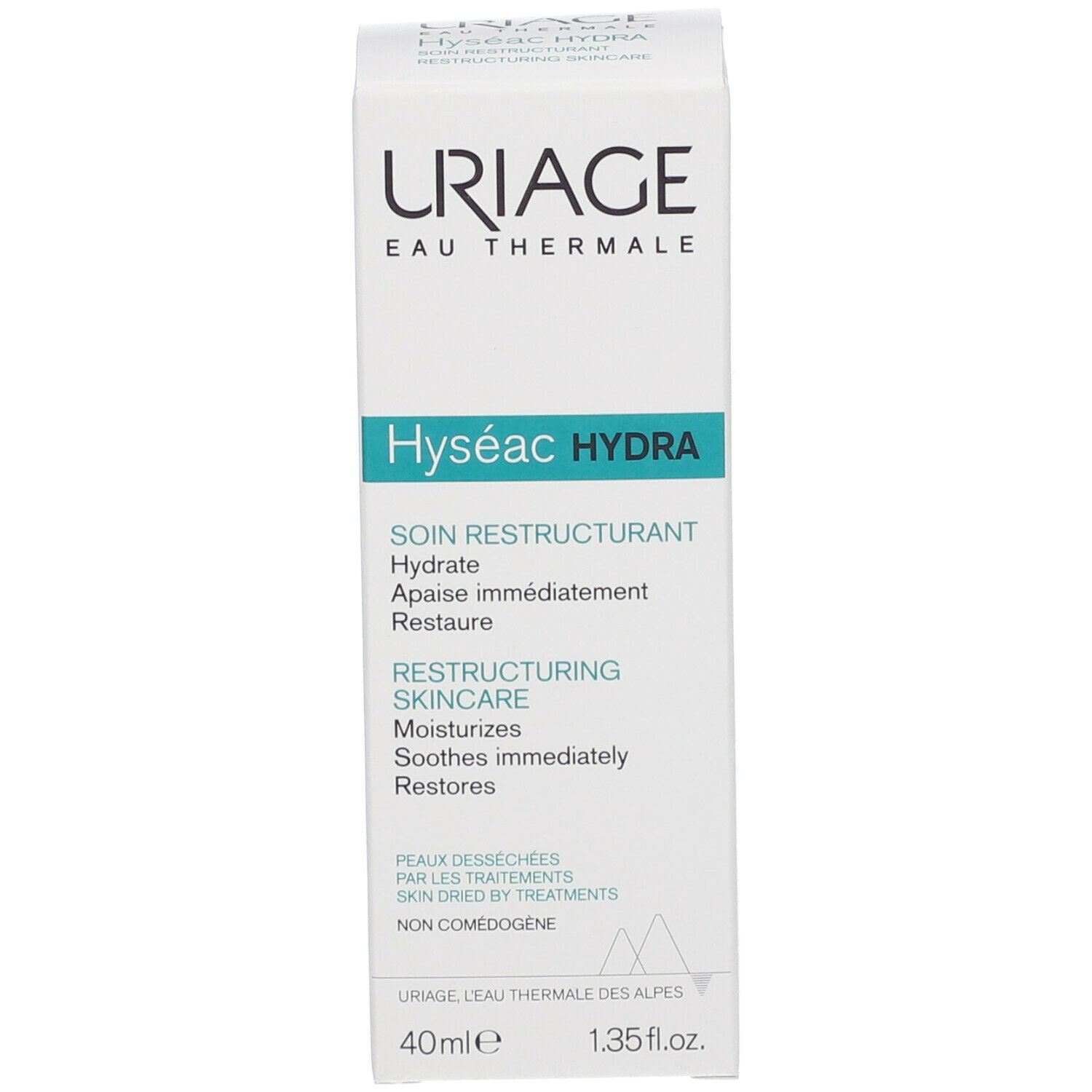 Scatola bianca con scritta: URIAGE, Hyséac HYDRA, Restructuring Skincare. 40ml.