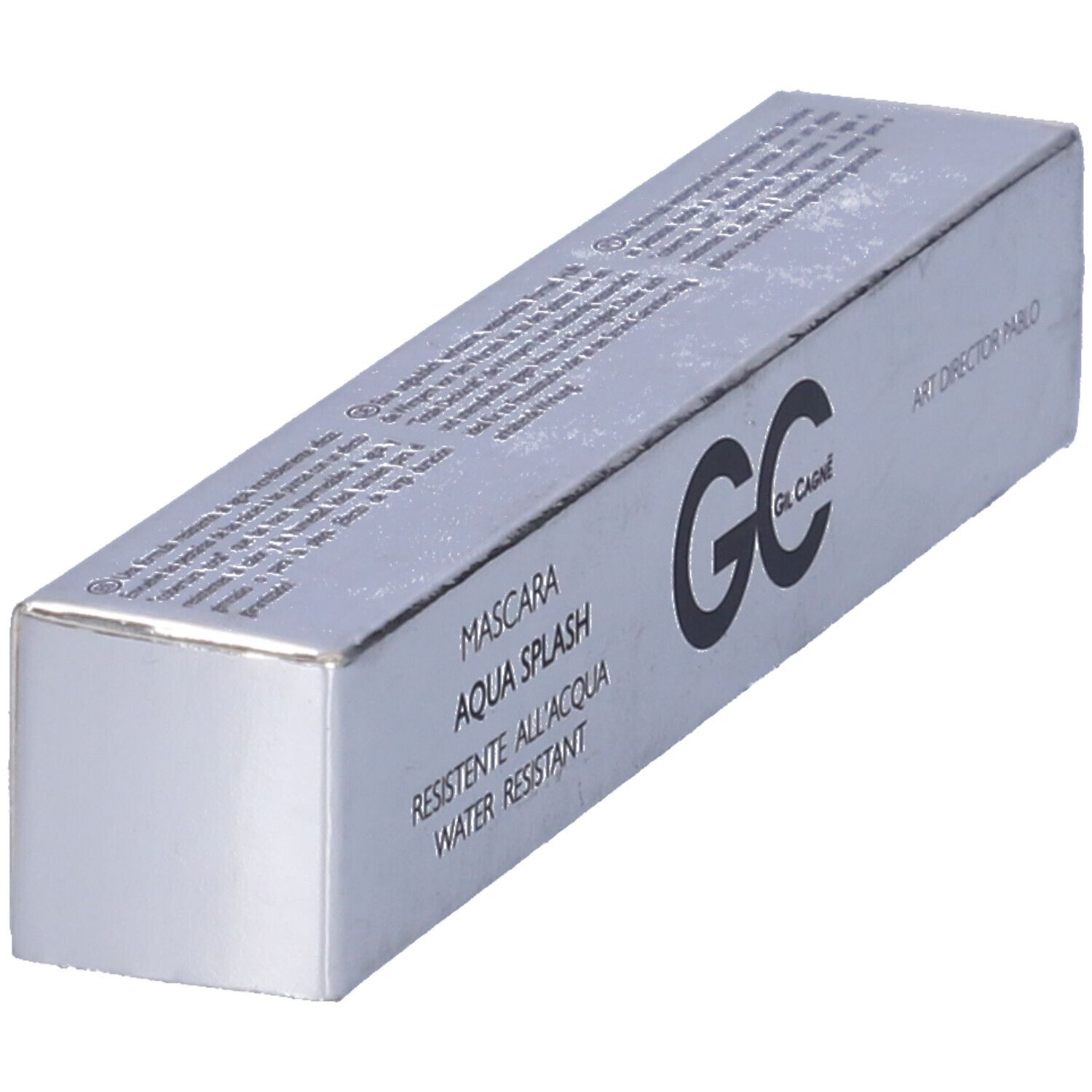 Scatola mascara argentata con logo GC nero e nome del prodotto. Testo: Aqua Splash, resistente all'acqua.