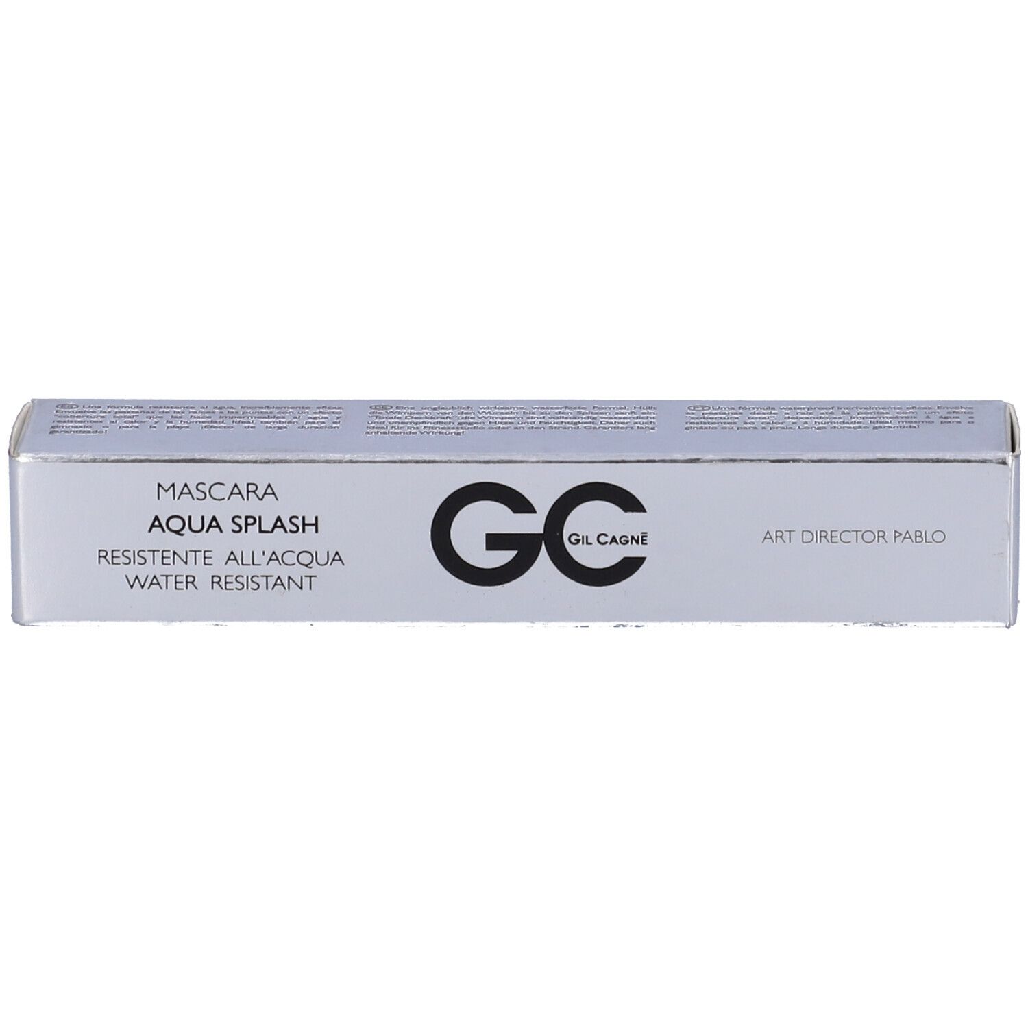 Scatola mascara argentata con logo GC nero e nome del prodotto. Testo: Aqua Splash, resistente all'acqua.