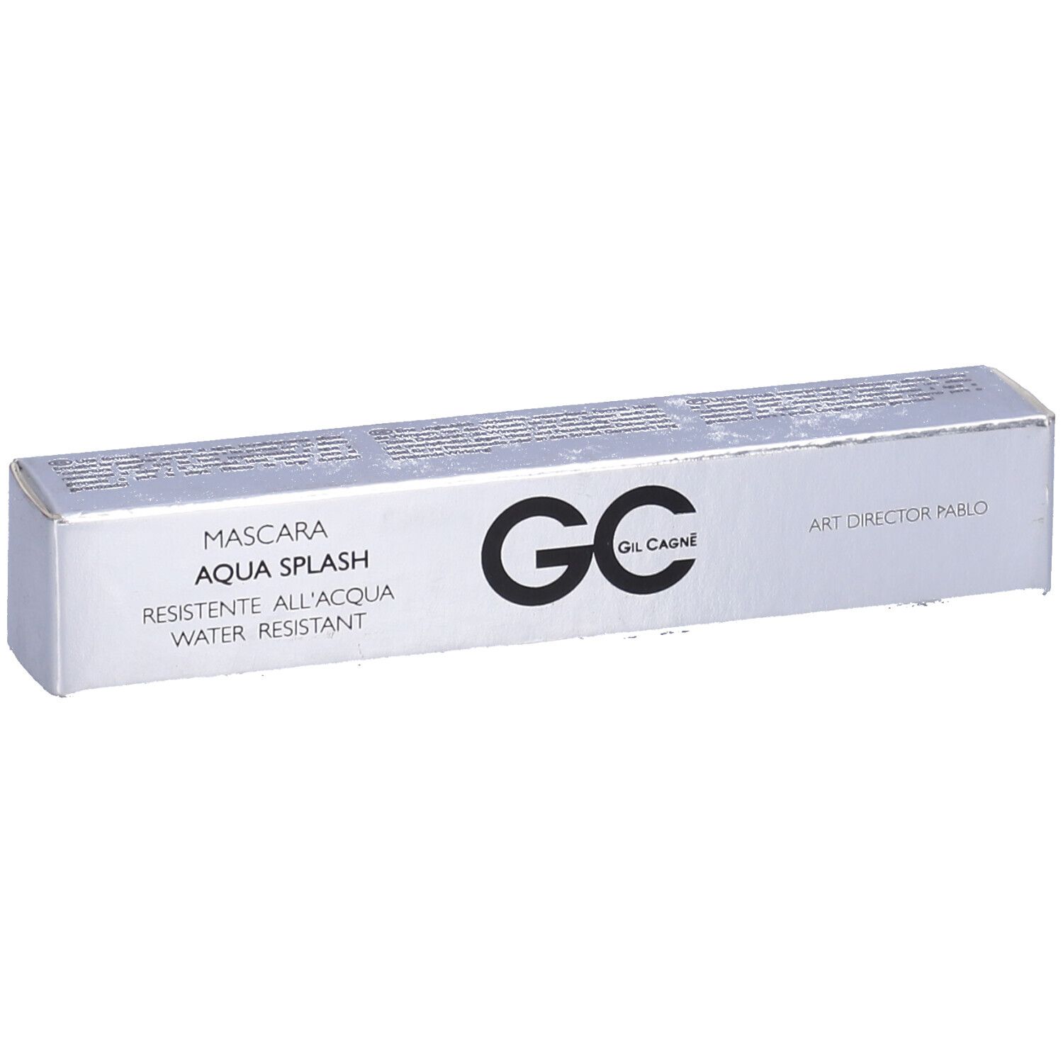 Scatola mascara argentata con logo GC nero e nome del prodotto. Testo: Aqua Splash, resistente all'acqua.
