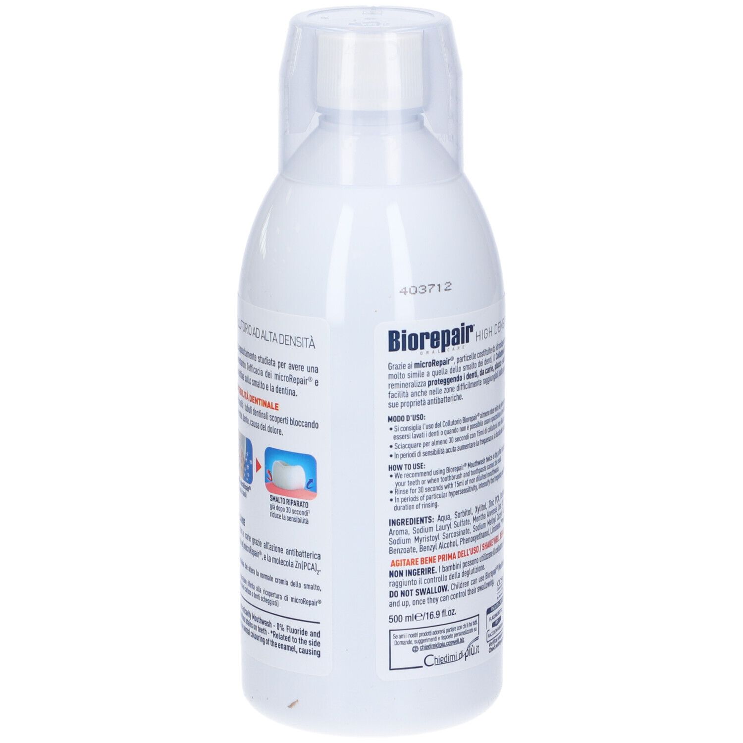 Dos d'une bouteille de bain de bouche blanche. Inscription : Biorepair, High Density Mouthwash. Mode d'emploi et ingrédients.