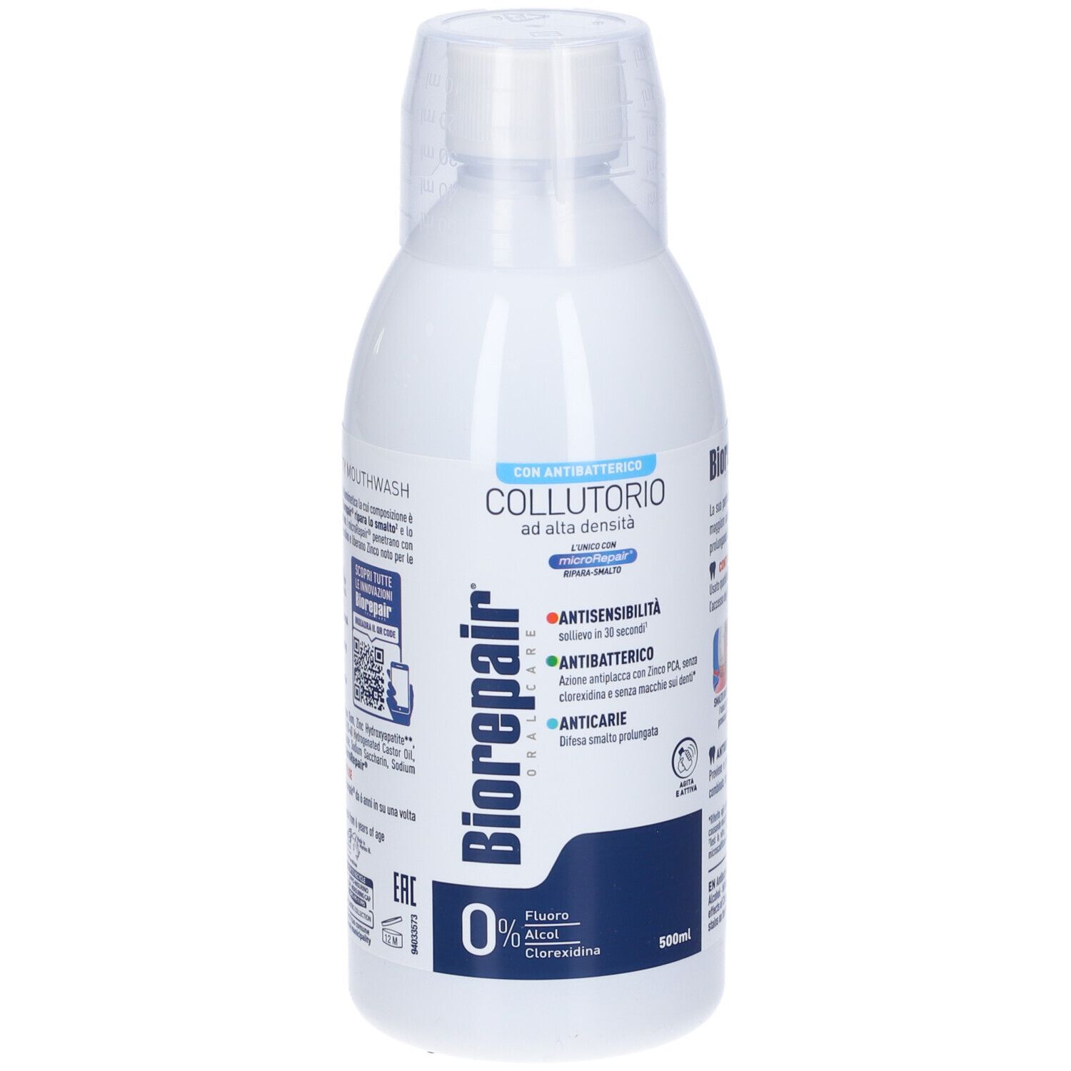 Bouteille de bain de bouche blanche. Inscription : Biorepair, Collutorio ad alta densità, 0% Fluor, Alcool, Chlorhexidine. Code QR.