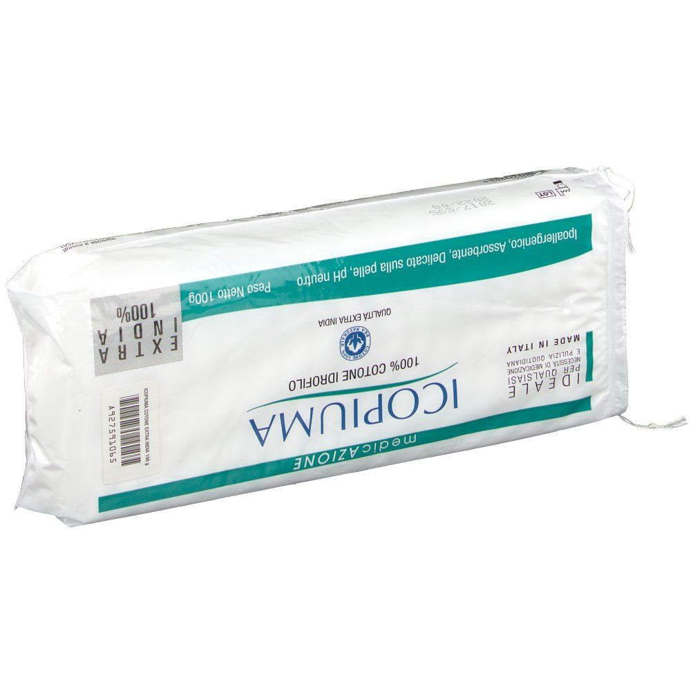Confezione di Icopiuma Cotone Idrofilo. Prodotto in cotone bianco in confezione di plastica. Testo: 100% Cotone Idrofilo, Extra India, 100g.