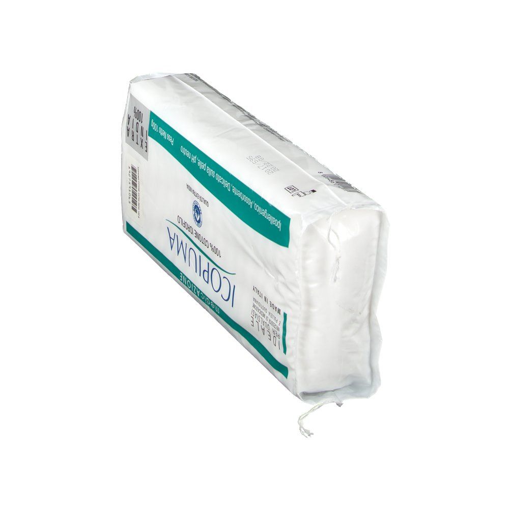Vista obliqua della confezione di Icopiuma Cotone Idrofilo. Prodotto in cotone bianco in confezione di plastica. Testo: Icopiuma, 100% Cotone Idrofilo.