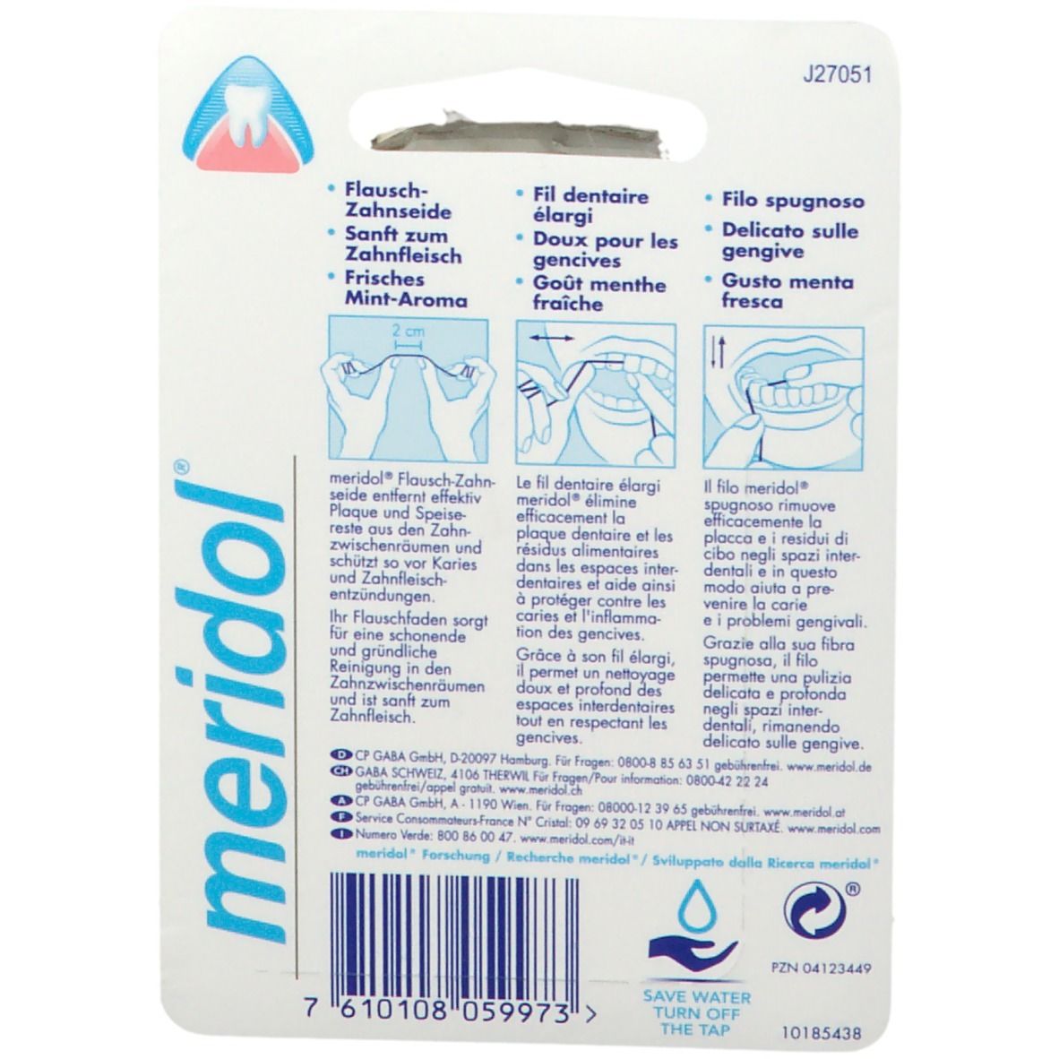 Retro della confezione di filo interdentale. Testo: Meridol, illustrazioni d'uso, ingredienti, contatti.