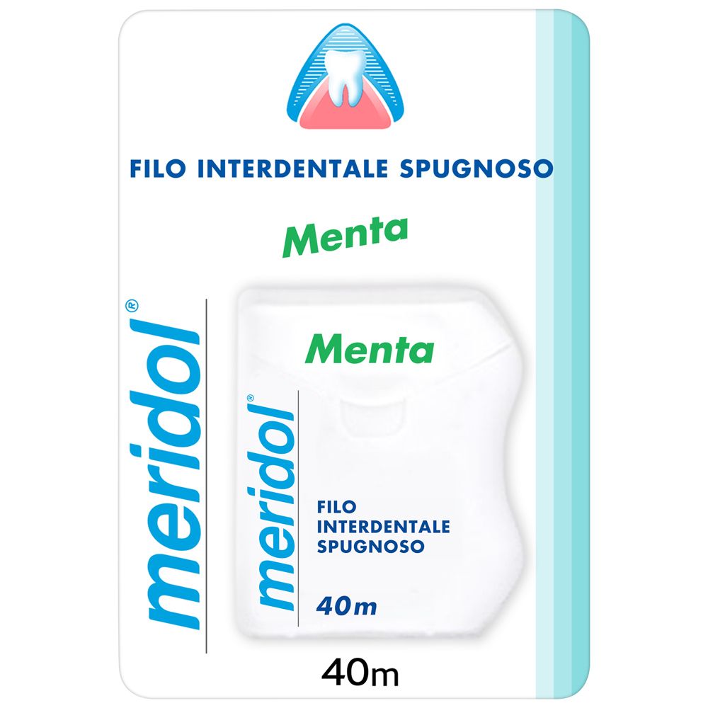 Confezione di filo interdentale. Contenitore bianco in blister. Testo: Meridol, 40m, Filo interdentale spugnoso, Menta.
