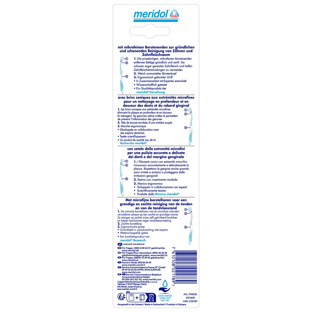 Retro della confezione Duo-Pack con informazioni sul prodotto multilingue. Codice a barre e logo.