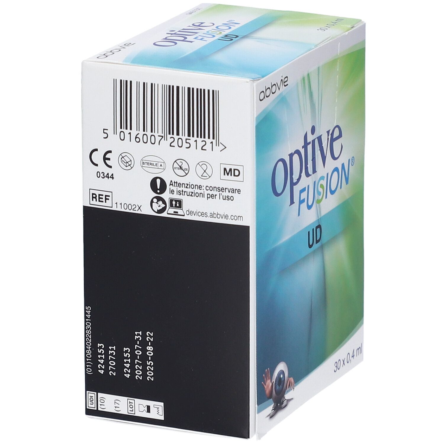Optive Fusion UD Augentropfen-Box mit 30 Einzeldosis-Ampullen.