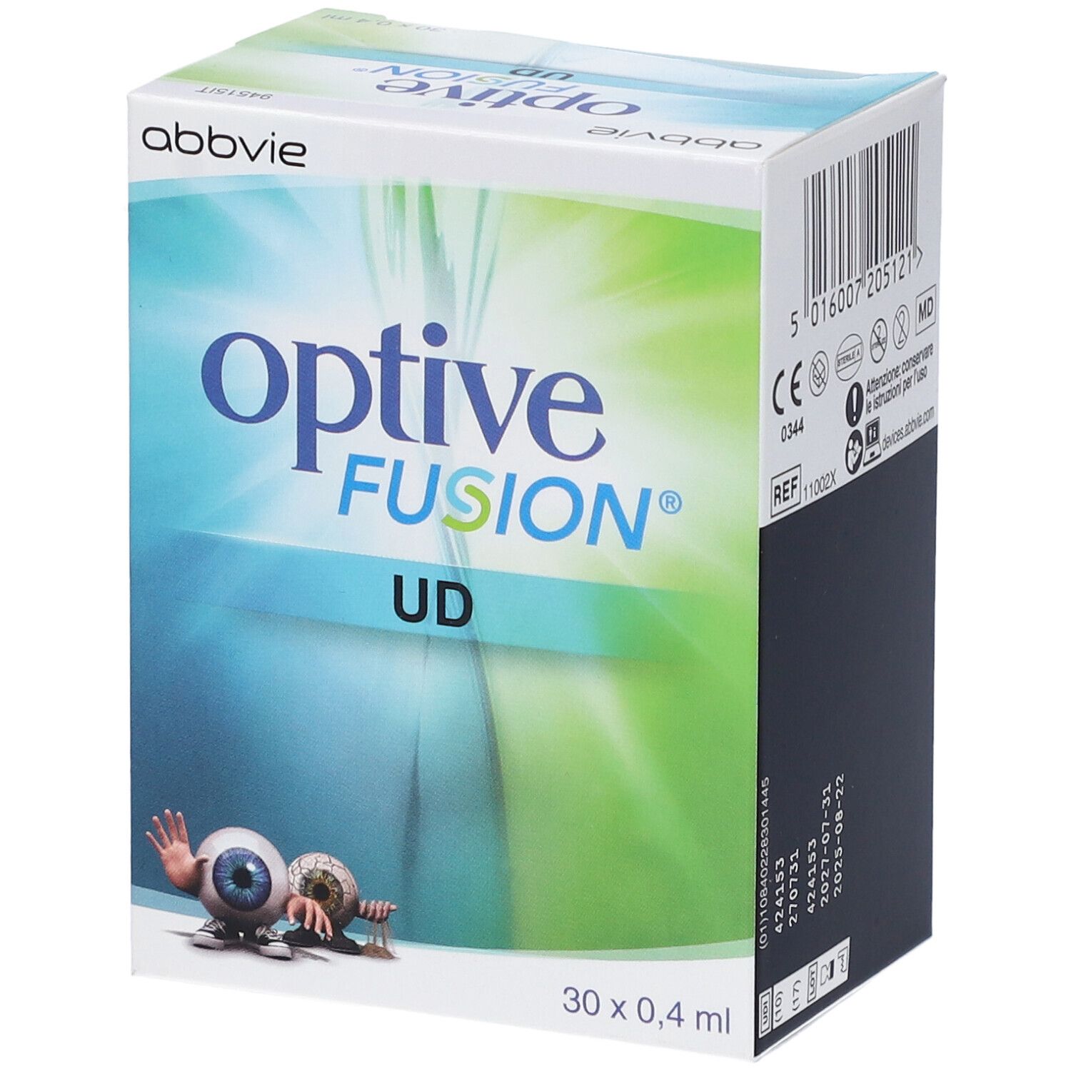 Optive Fusion UD Augentropfen-Box mit 30 Einzeldosis-Ampullen.