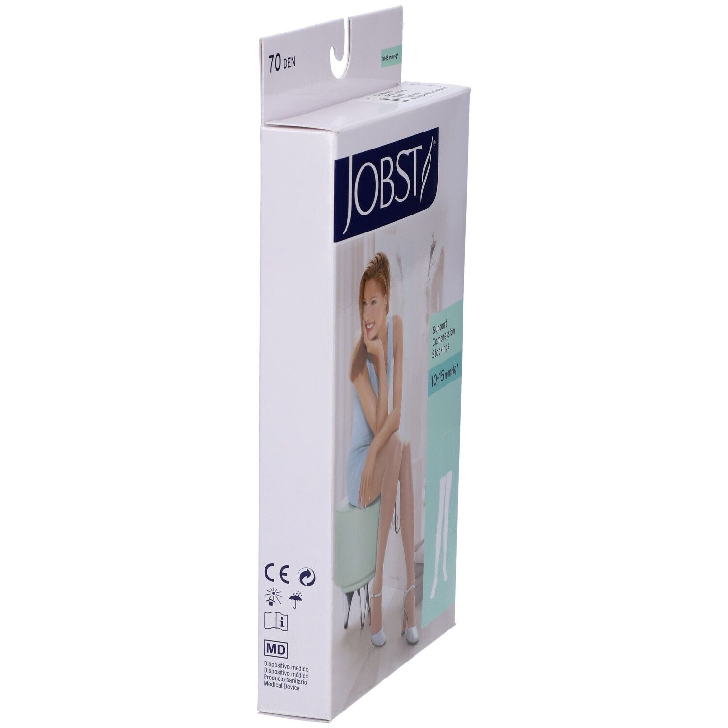 Jobst-Verpackung, Seitenansicht. Aufdruck: 70 Den, Jobst-Logo, Frau mit Strümpfen. Medizinprodukt-Symbole.