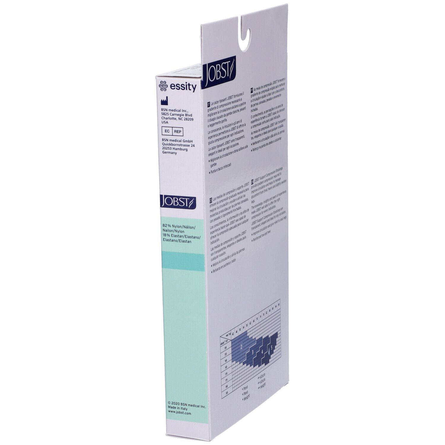 Jobst-Verpackung, Seitenansicht. Text: essity, Jobst-Logo, Größentabelle. Medizinische Informationen.