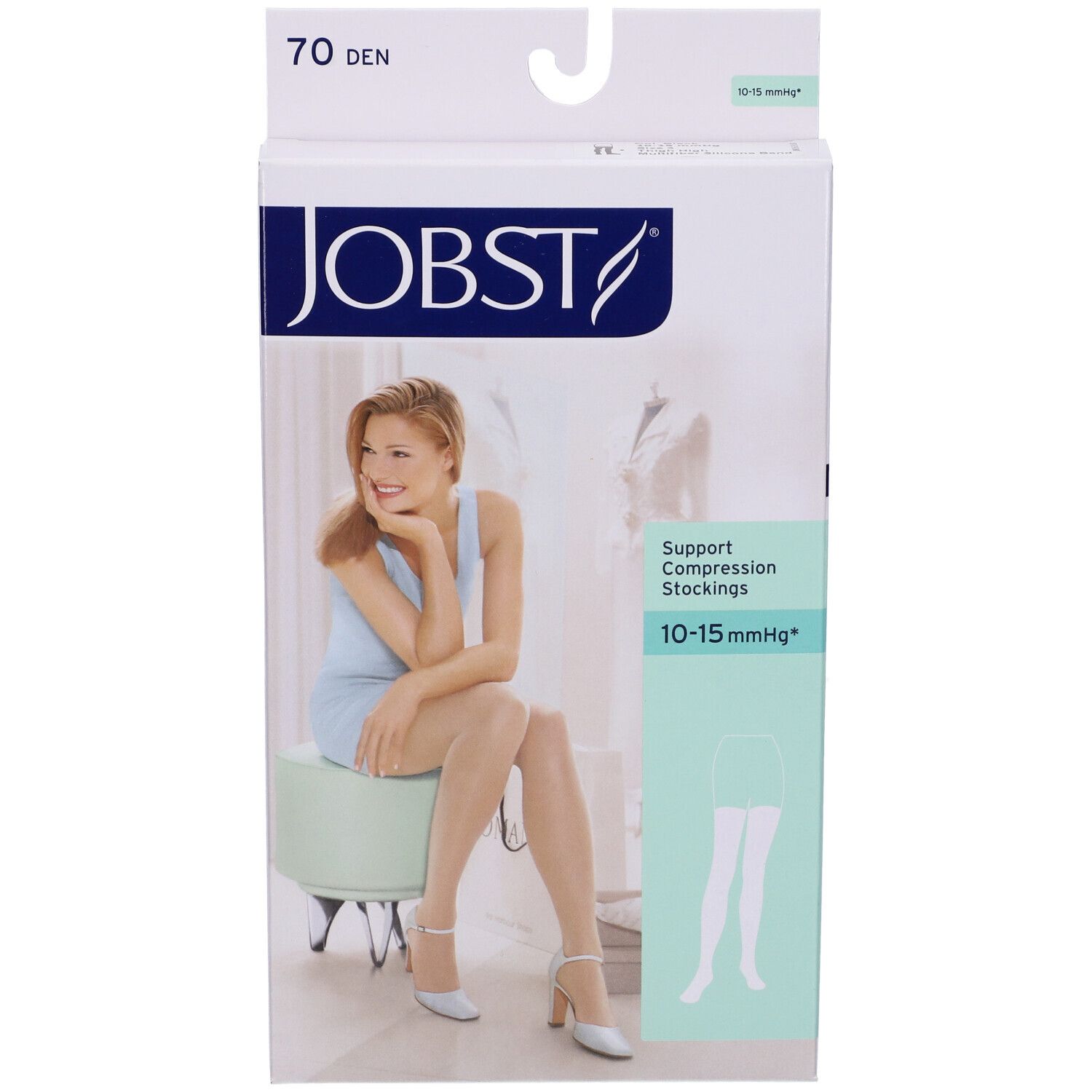 Jobst-Verpackung. Aufdruck: 70 Den, 10-15 mmHg. Frau sitzt, trägt Strümpfe. Illustration der Strümpfe.