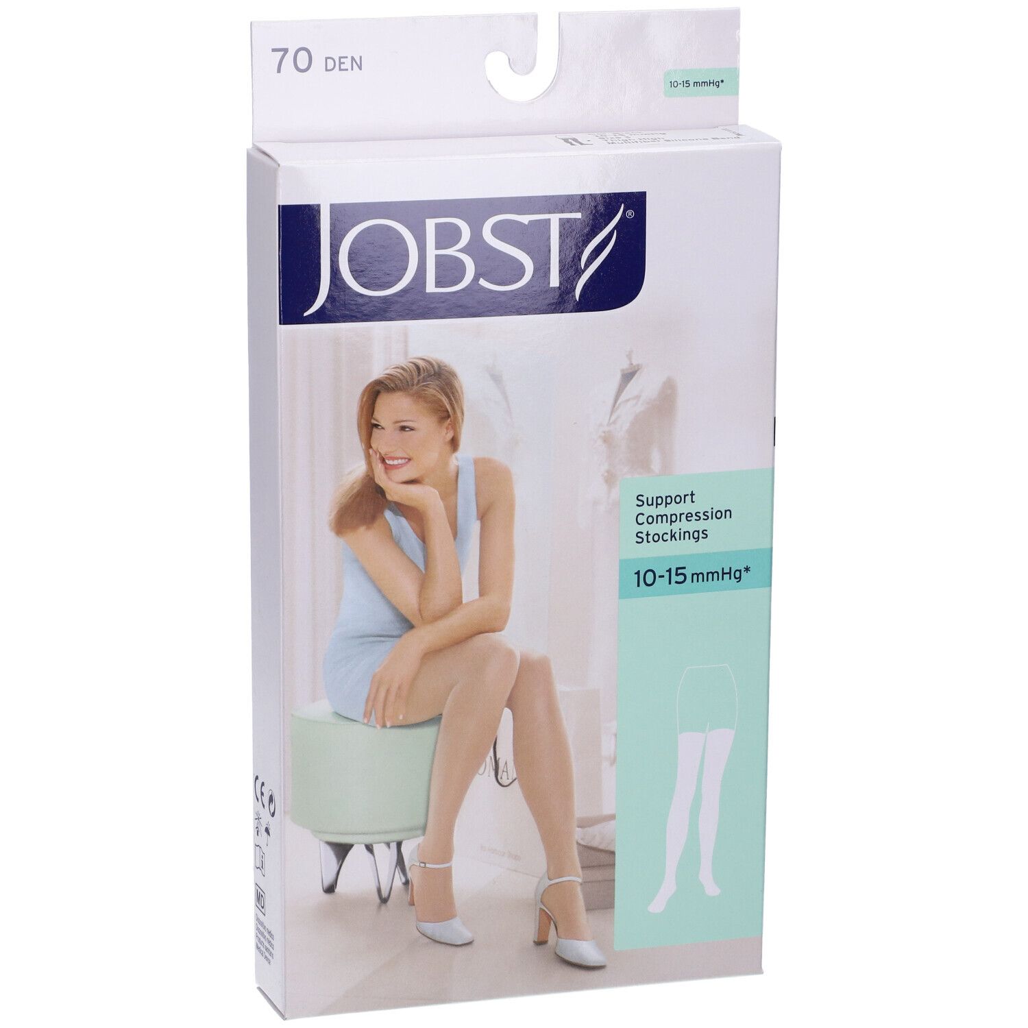 Jobst-Verpackung. Aufdruck: 70 Den, 10-15 mmHg. Frau sitzt, trägt Strümpfe. Illustration der Strümpfe.