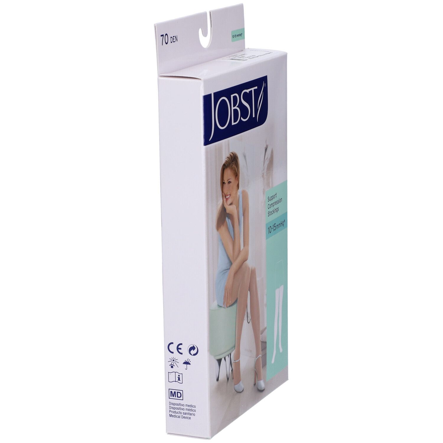 Jobst-Verpackung, Seitenansicht. 70 Den. Frau auf Hocker abgebildet. Produktinformationen und Logos.