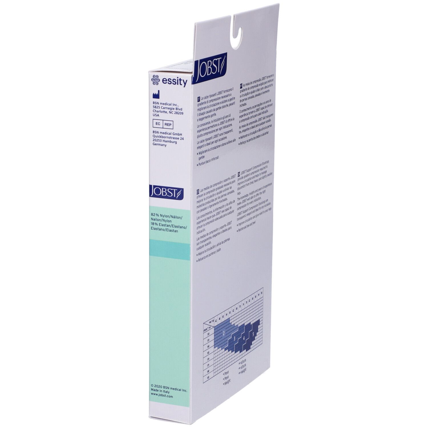 Jobst-Verpackung, Seitenansicht. Produktinformationen, Logos und Zertifizierungen. Herstelleradresse.
