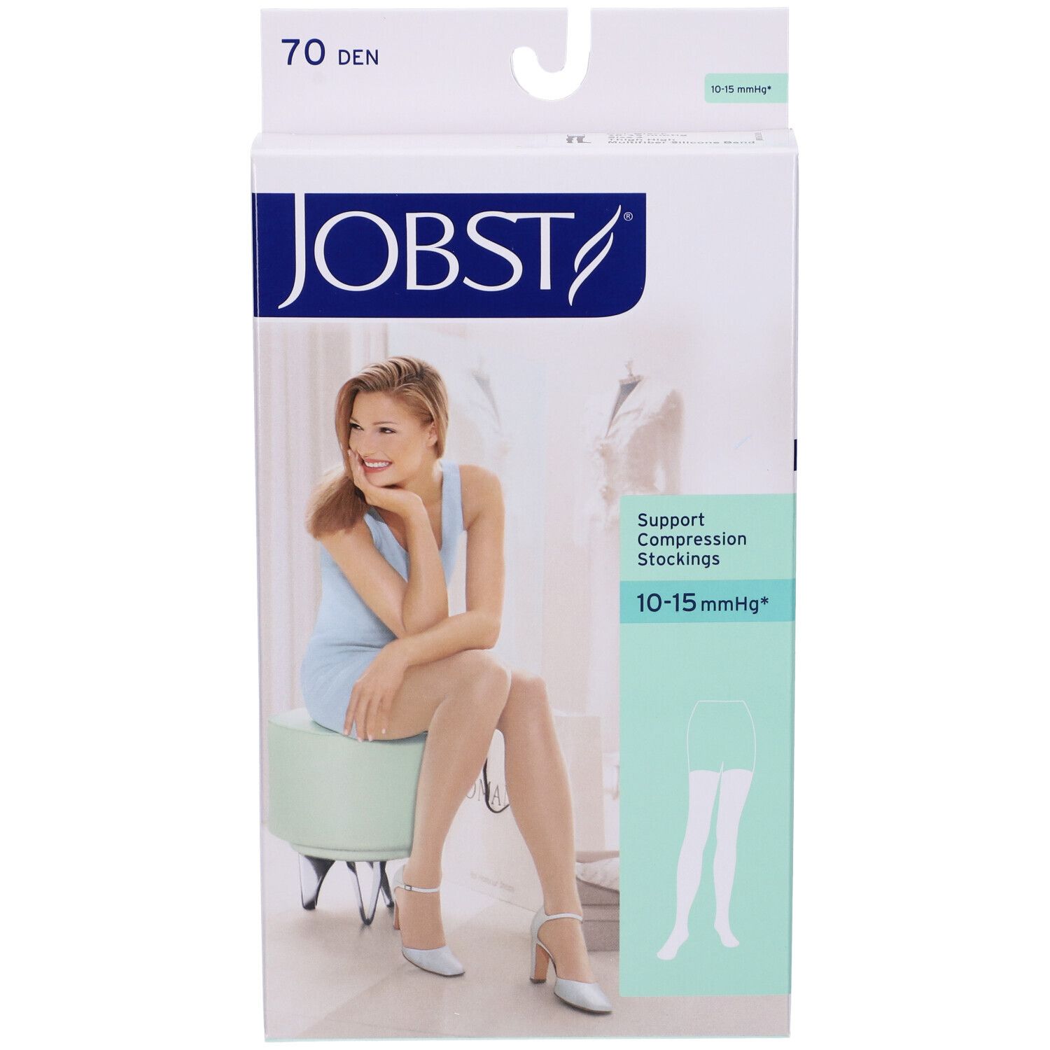 Jobst-Kompressionsstrümpfe in Verpackung. 70 Den, 10-15 mmHg. Frau sitzt auf Hocker. Produktabbildung.