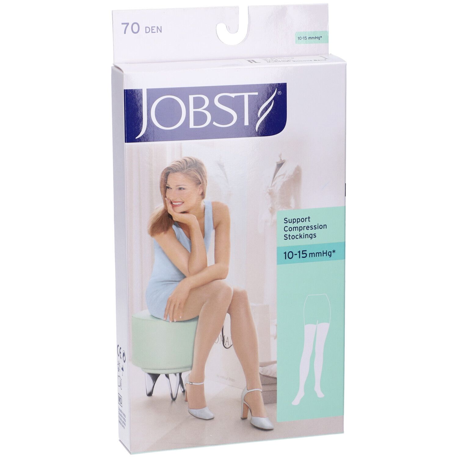 Jobst-Kompressionsstrümpfe in Verpackung. 70 Den, 10-15 mmHg. Frau sitzt auf Hocker. Produktabbildung.
