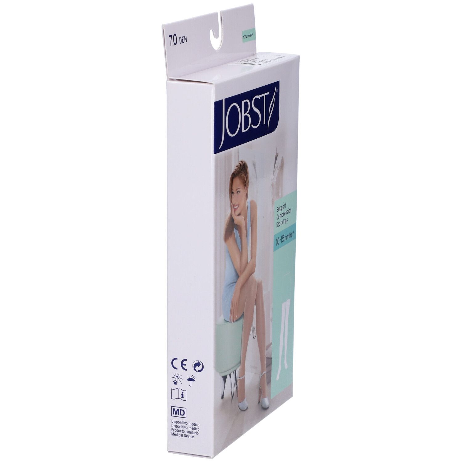 Verpackung mit Kompressionsstrümpfen. Marke JOBST. Aufdruck: 70 Den. Frau sitzt auf einem Hocker. CE-Zeichen.