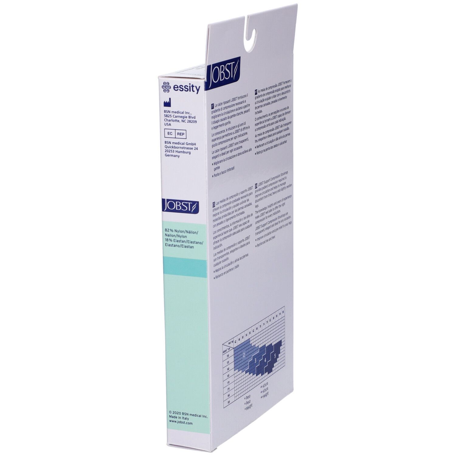 Seite der Verpackung mit Kompressionsstrümpfen. Marke JOBST. Text und Größentabelle. CE-Zeichen.