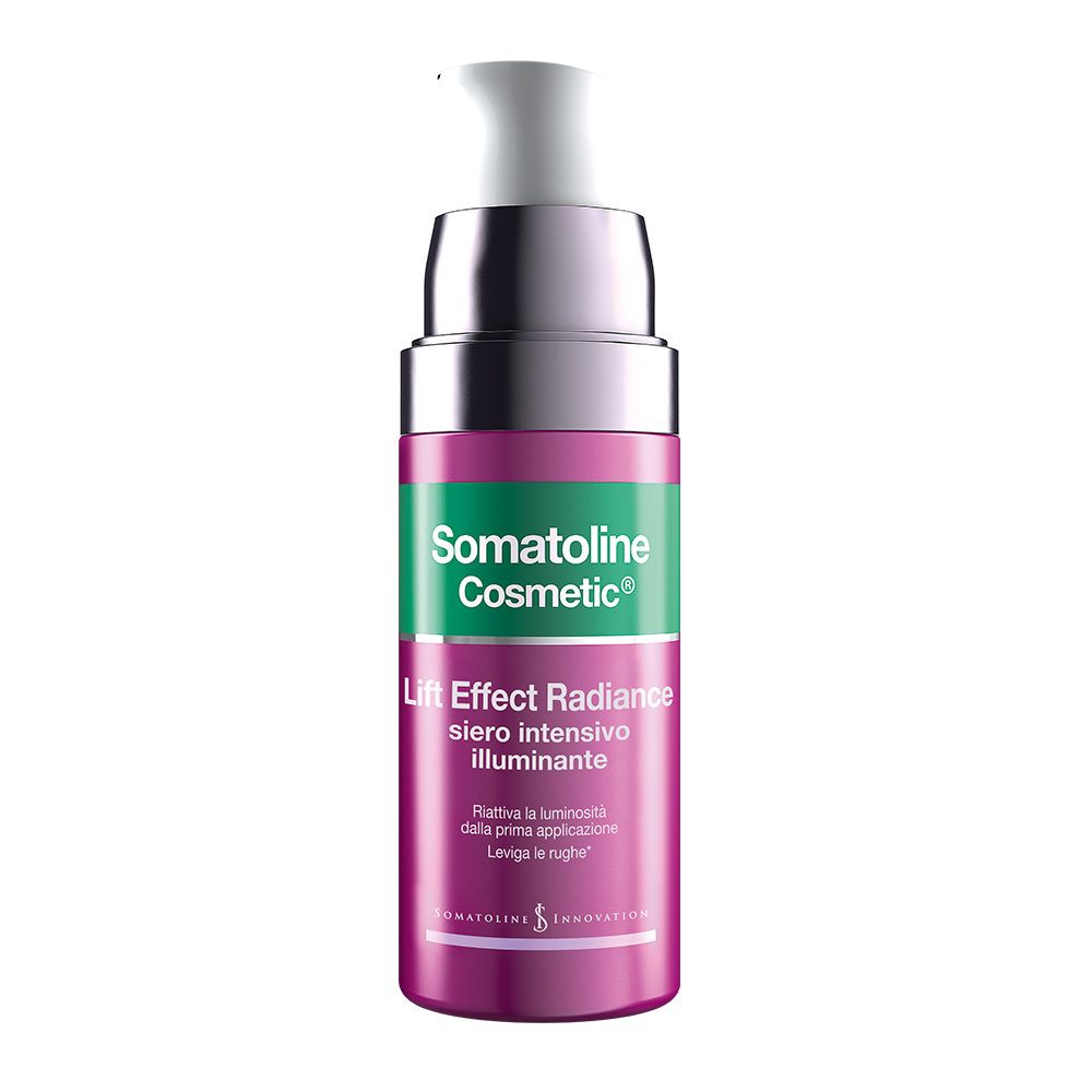 Somatoline Cosmetic Lift Effect Radiance. Flacone con pompa, viola e verde. Testo: 'siero intensivo illuminante'.