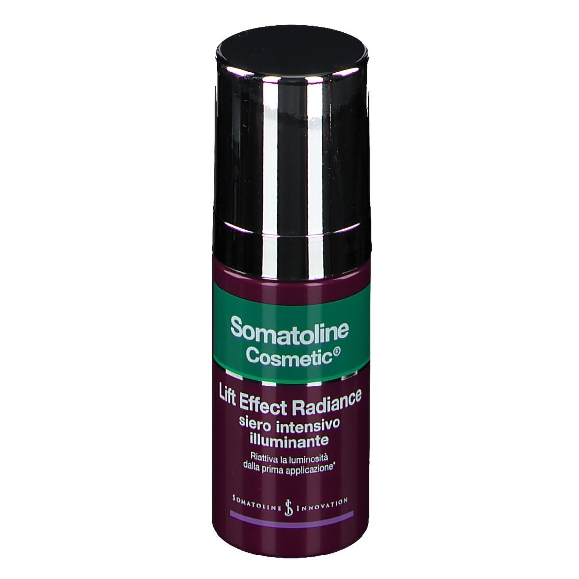 Somatoline Cosmetic Lift Effect Radiance. Flacone, viola e verde. Coperchio nero. Testo: 'siero intensivo illuminante'.
