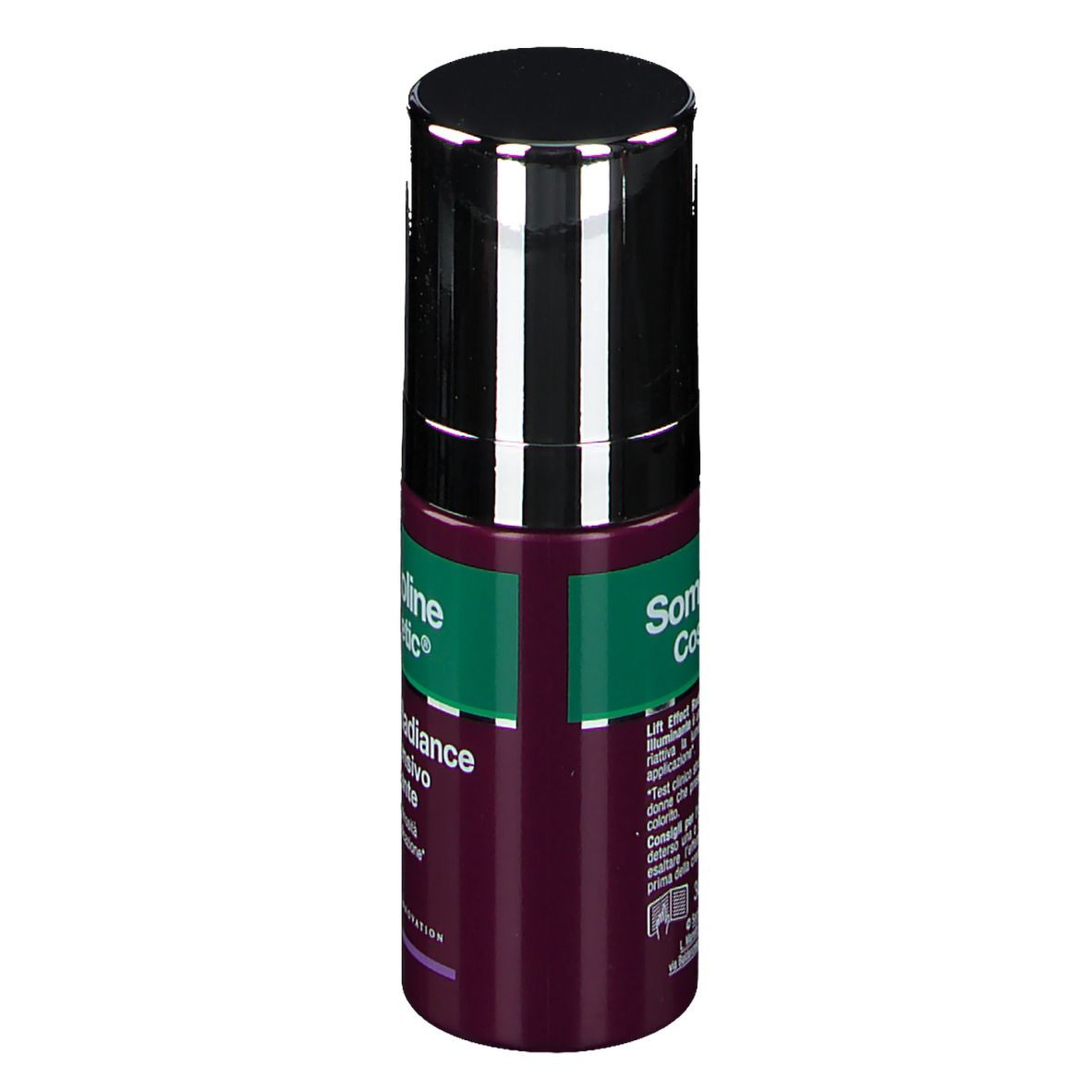 Somatoline Cosmetic Lift Effect Radiance. Flacone, viola e verde. Coperchio nero. Testo sul retro.