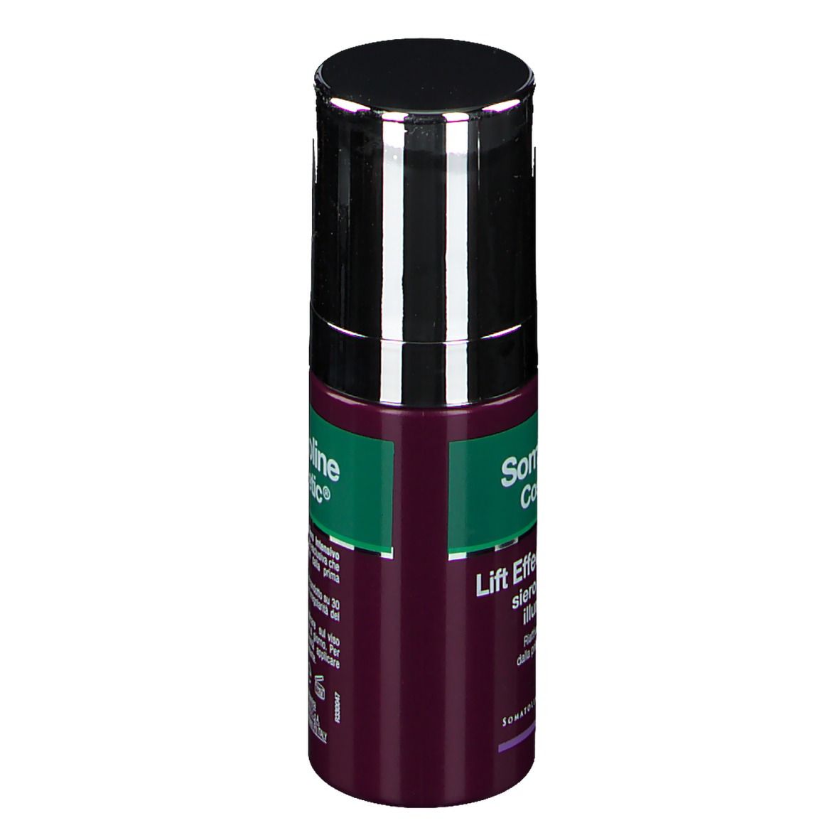 Somatoline Cosmetic Lift Effect Radiance. Flacone, viola e verde. Coperchio nero. Testo sul lato.