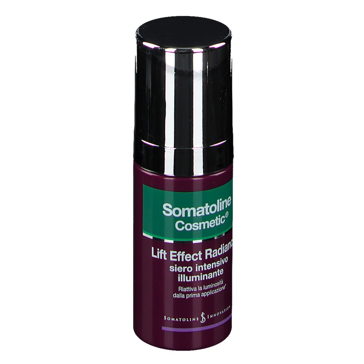 Somatoline Cosmetic Lift Effect Radiance. Flacone, viola e verde. Coperchio nero. Testo: 'siero intensivo illuminante'.