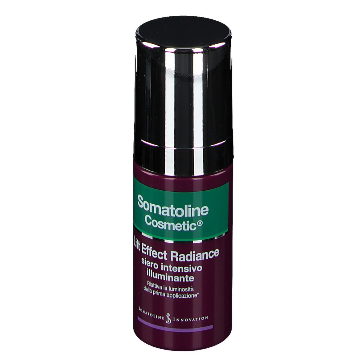 Somatoline Cosmetic Lift Effect Radiance. Flacone, viola e verde. Coperchio nero. Testo: 'siero intensivo illuminante'.