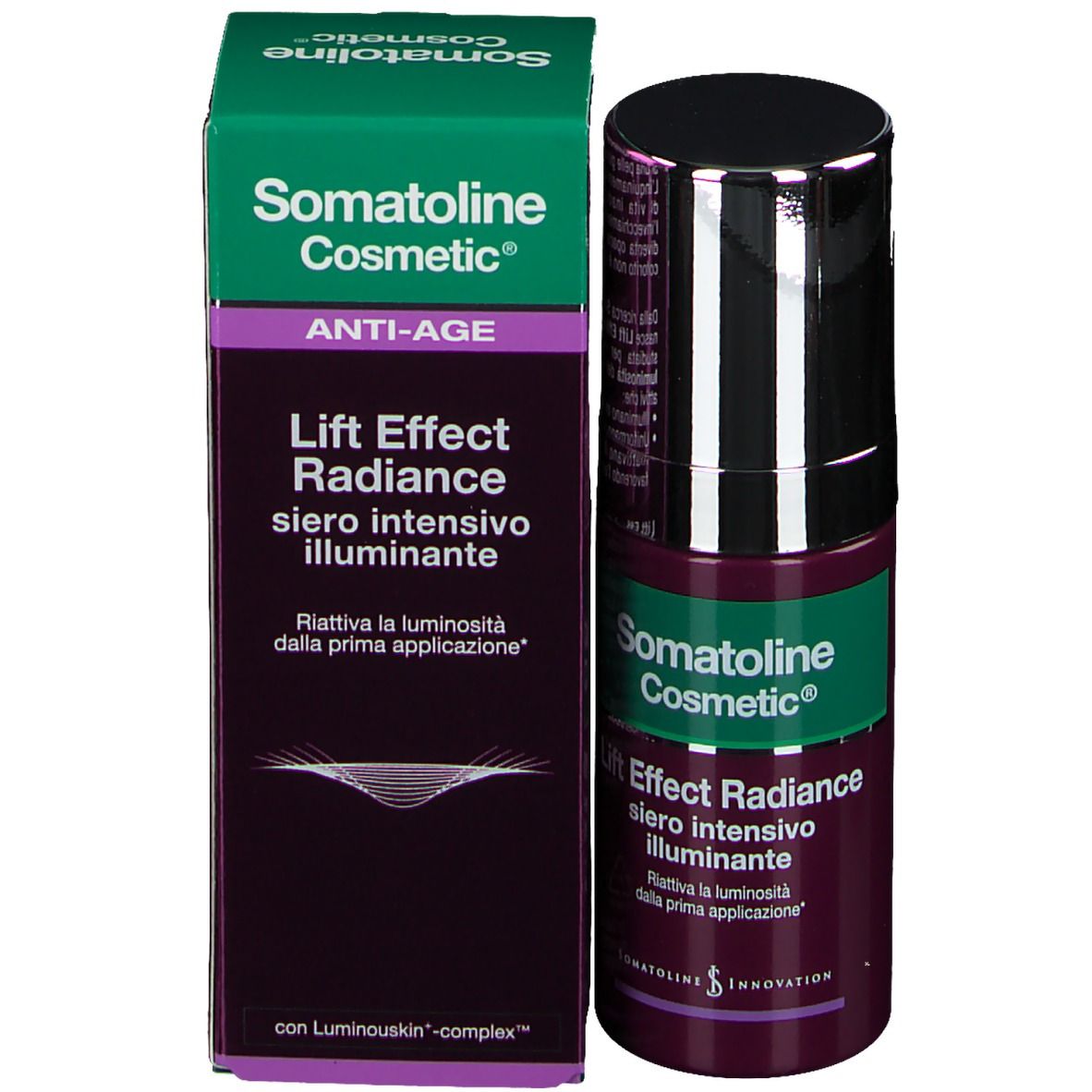 Somatoline Cosmetic Lift Effect Radiance. Flacone e confezione. Verde, viola. Testo: 'ANTI-AGE'.