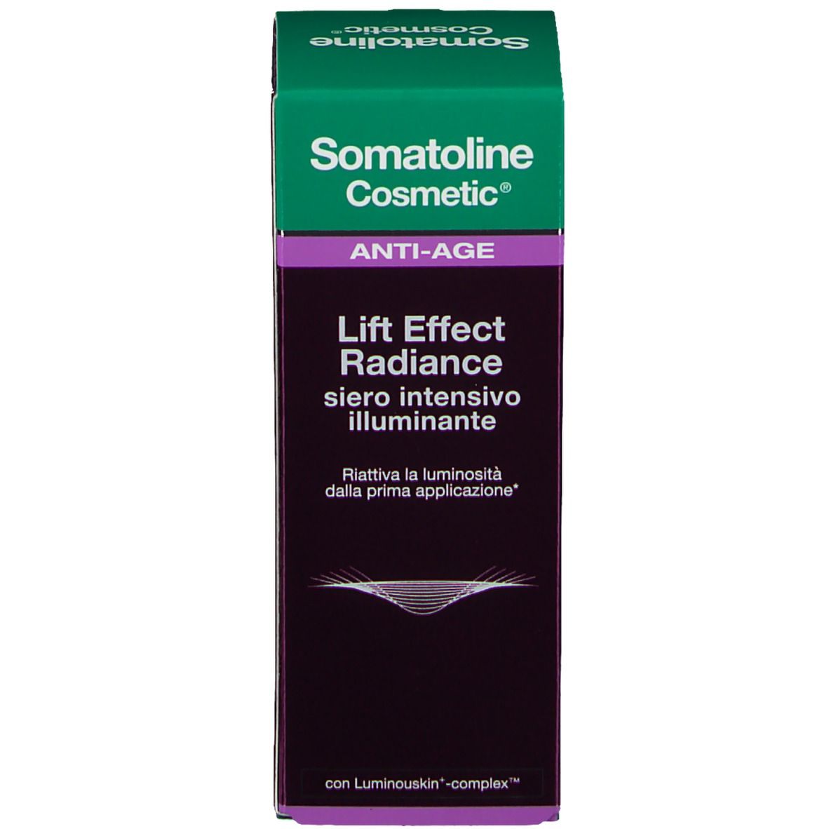 Somatoline Cosmetic Lift Effect Radiance. Confezione. Verde, viola. Testo: 'ANTI-AGE'. Grafica: onde.