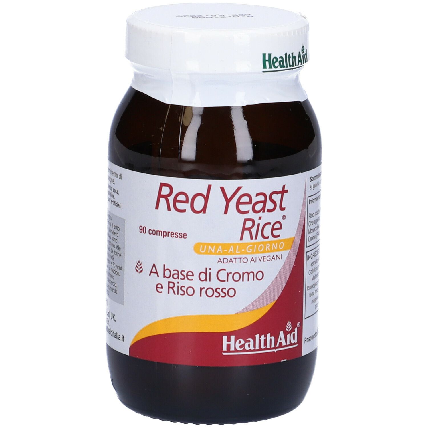 Flacone di vetro marrone con tappo bianco. L'etichetta riporta "Red Yeast Rice" e "90 compresse". Marchio: HealthAid.