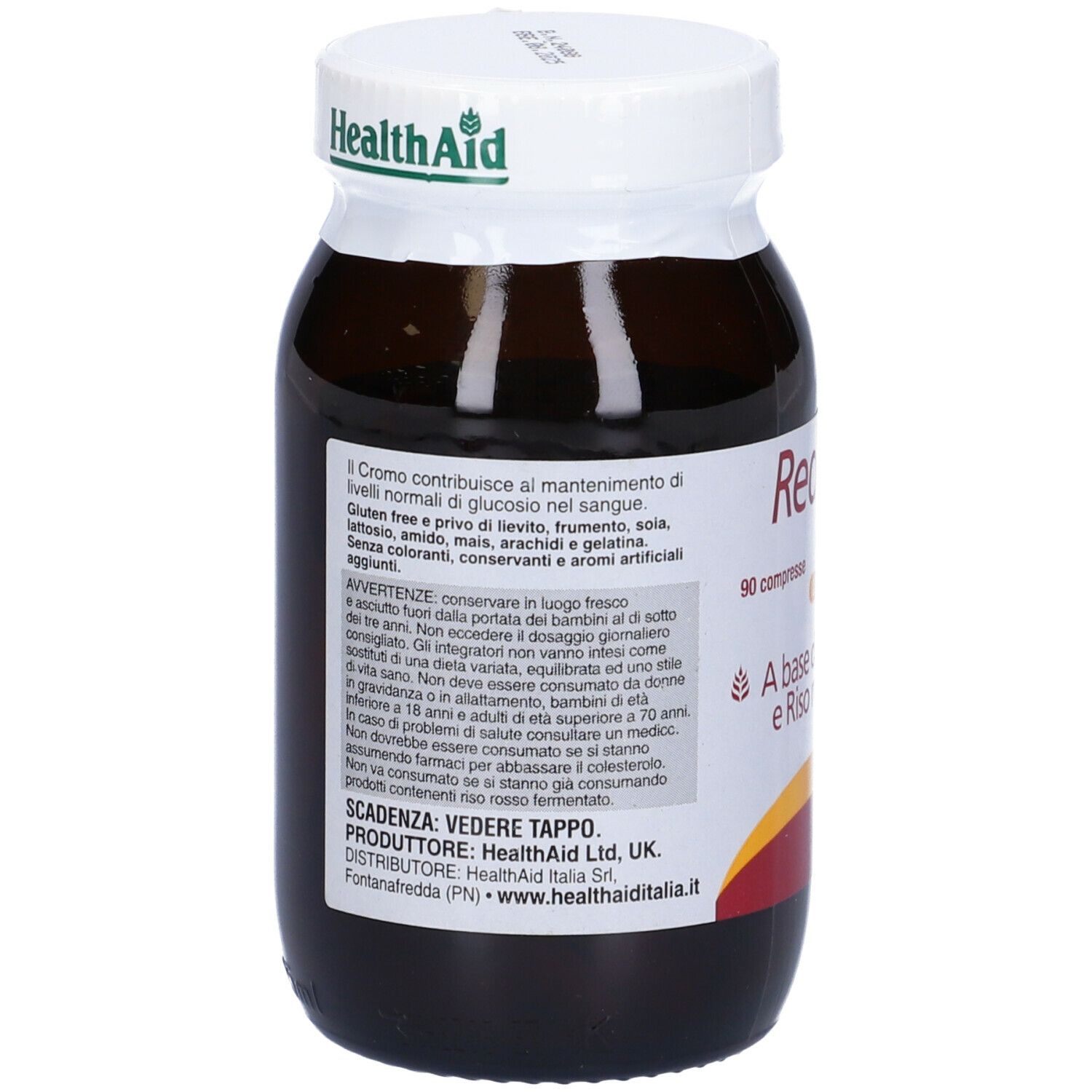 Retro di un flacone di vetro marrone con tappo bianco. Testo sull'etichetta. Marchio: HealthAid.