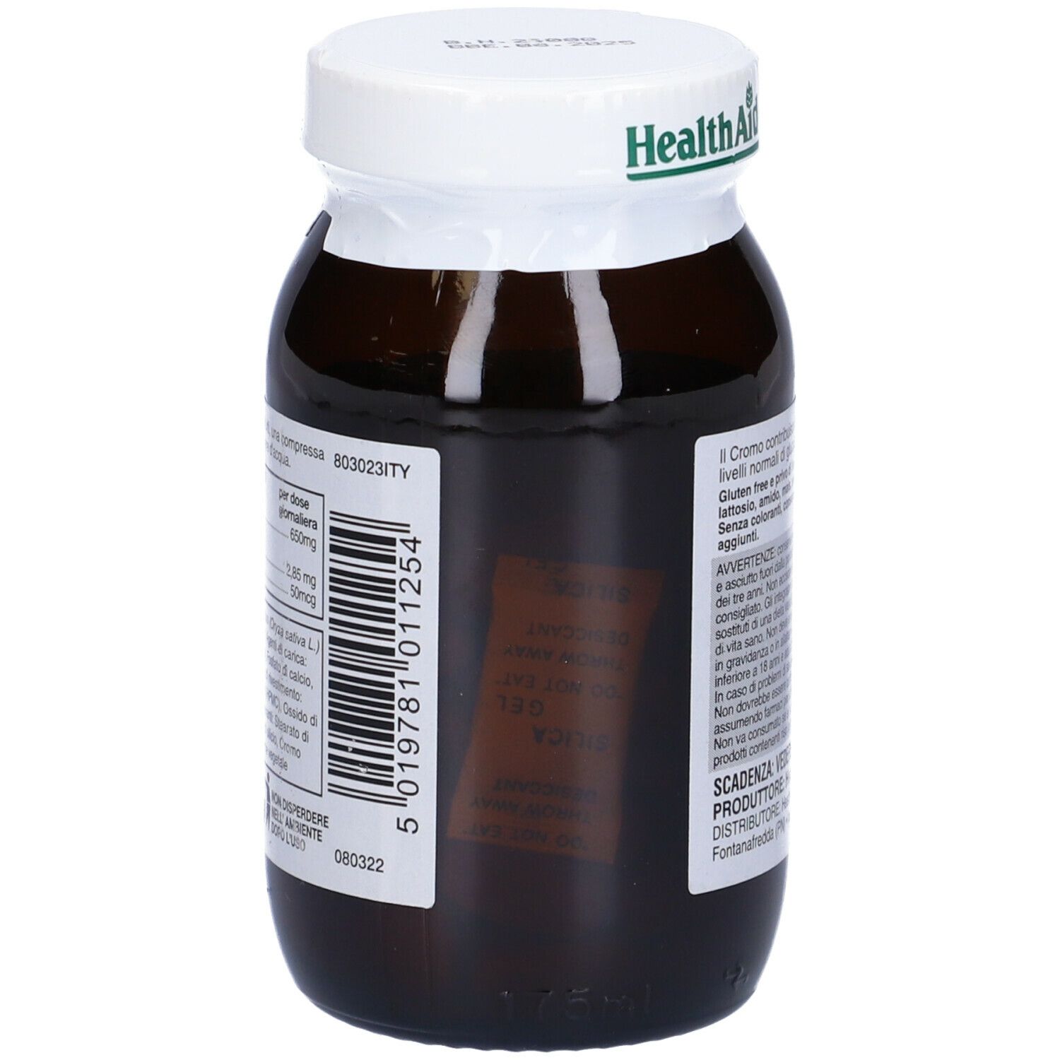 Flacone di vetro marrone con tappo bianco. Etichetta con codice a barre e testo. Marchio: HealthAid.