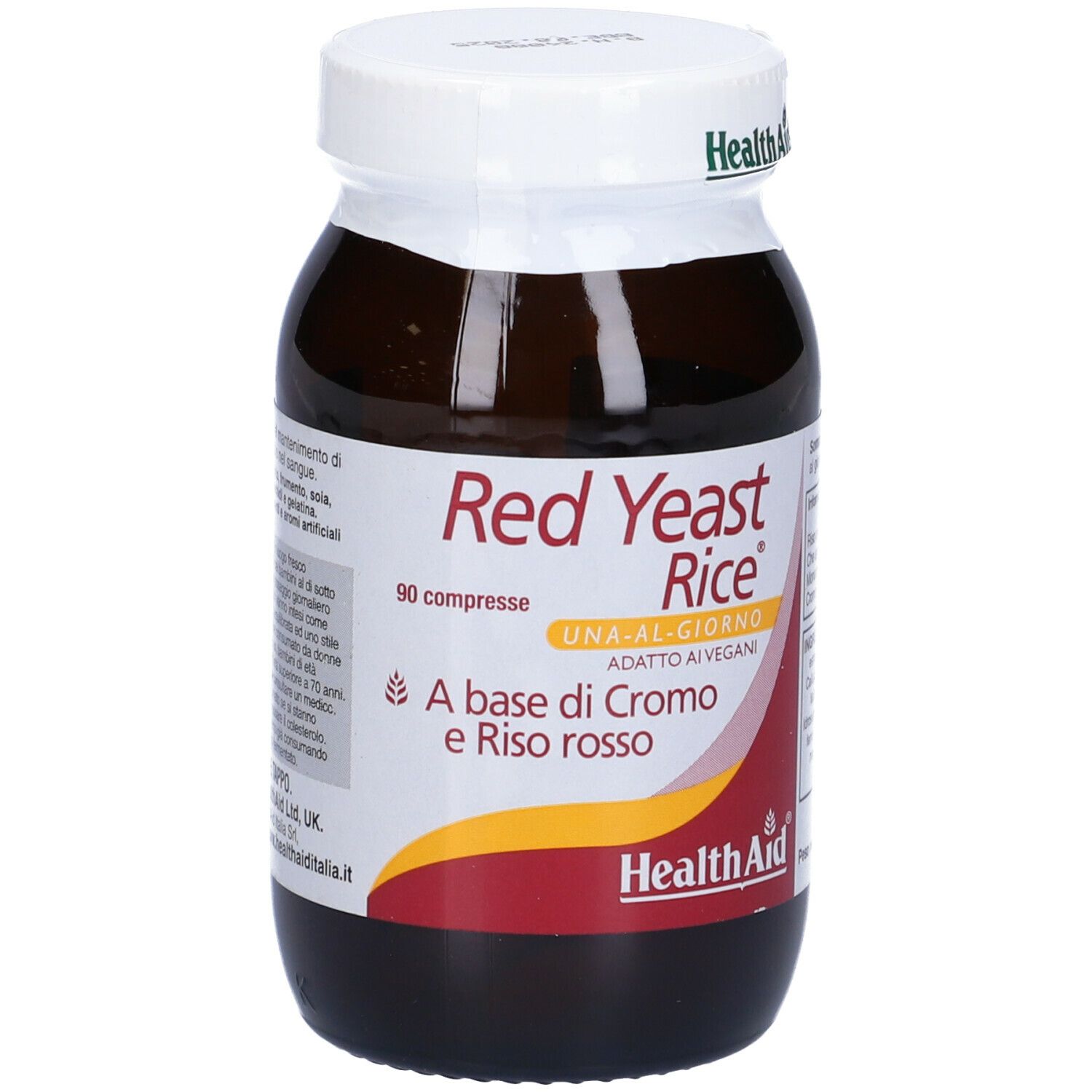 Flacone di vetro marrone con tappo bianco. L'etichetta riporta "Red Yeast Rice" e "90 compresse". Marchio: HealthAid.