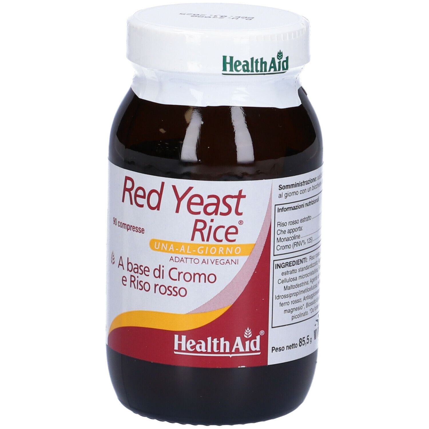 Flacone di vetro marrone con tappo bianco. L'etichetta riporta "Red Yeast Rice" e "90 compresse". Marchio: HealthAid.
